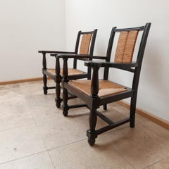 Pair of Stained Neo Basque French Mid-Century Wooden and Rush Armchairs
