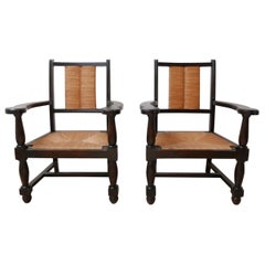 Pair of Stained Neo Basque French Mid-Century Wooden and Rush Armchairs