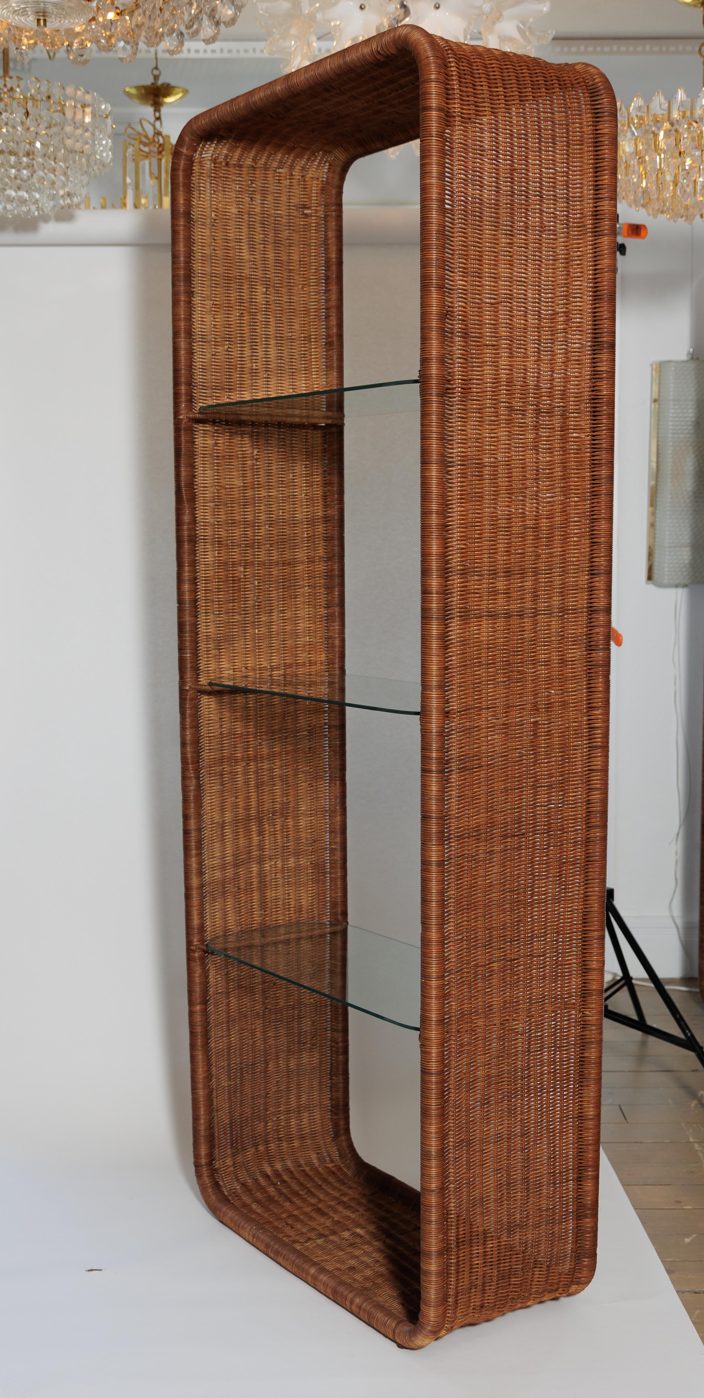 Woven Pair of Stained Wicker Shelf Units with Three Glass Shelves For Sale