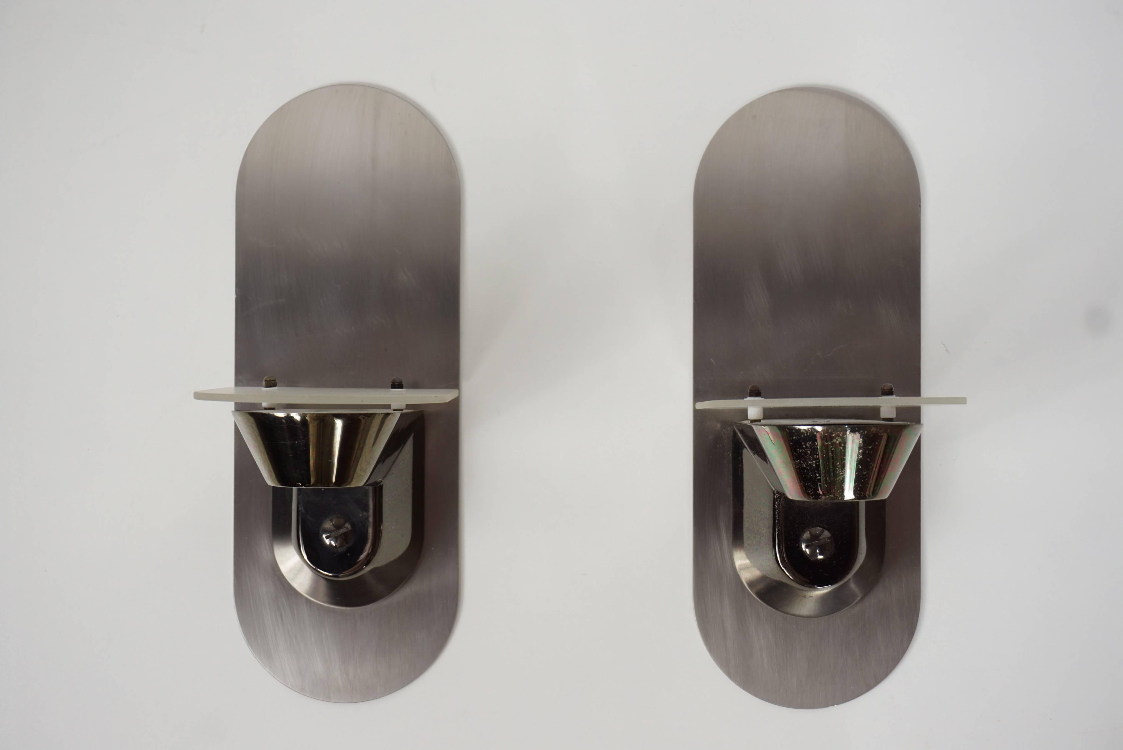 Pair of Stainless Steel and Glass Design Halogen Wall Sconces For Sale 3