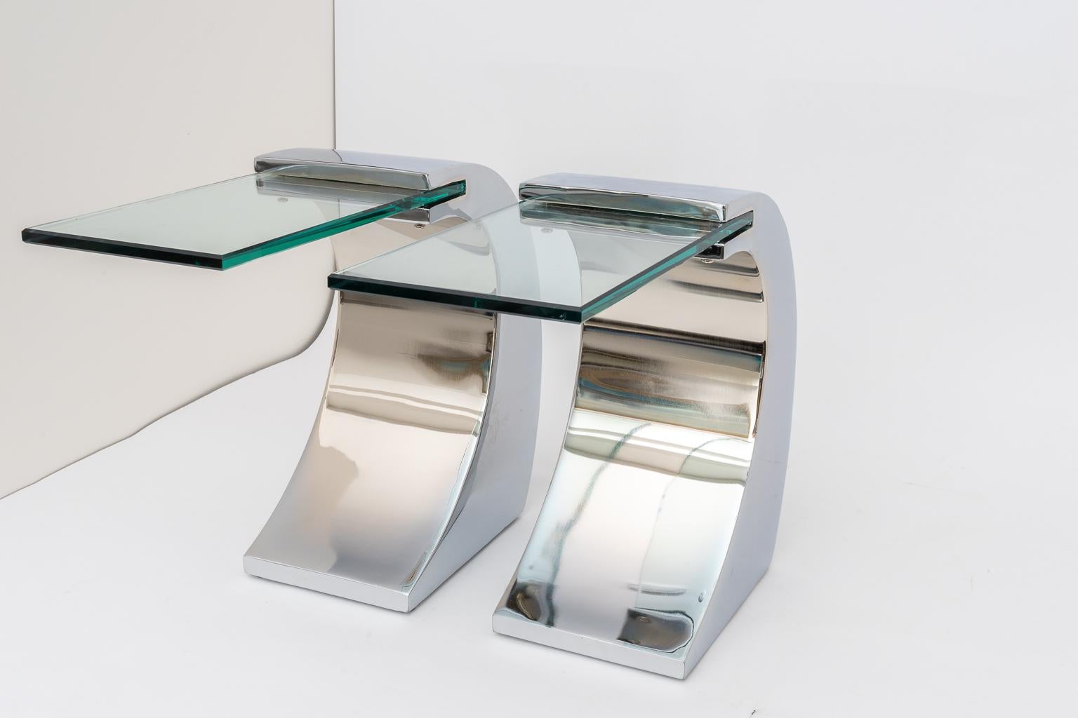 Modern Pair of Stainless Steel and Glass Side Tables
