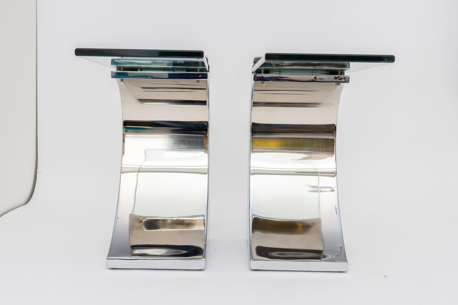 American Pair of Stainless Steel and Glass Side Tables