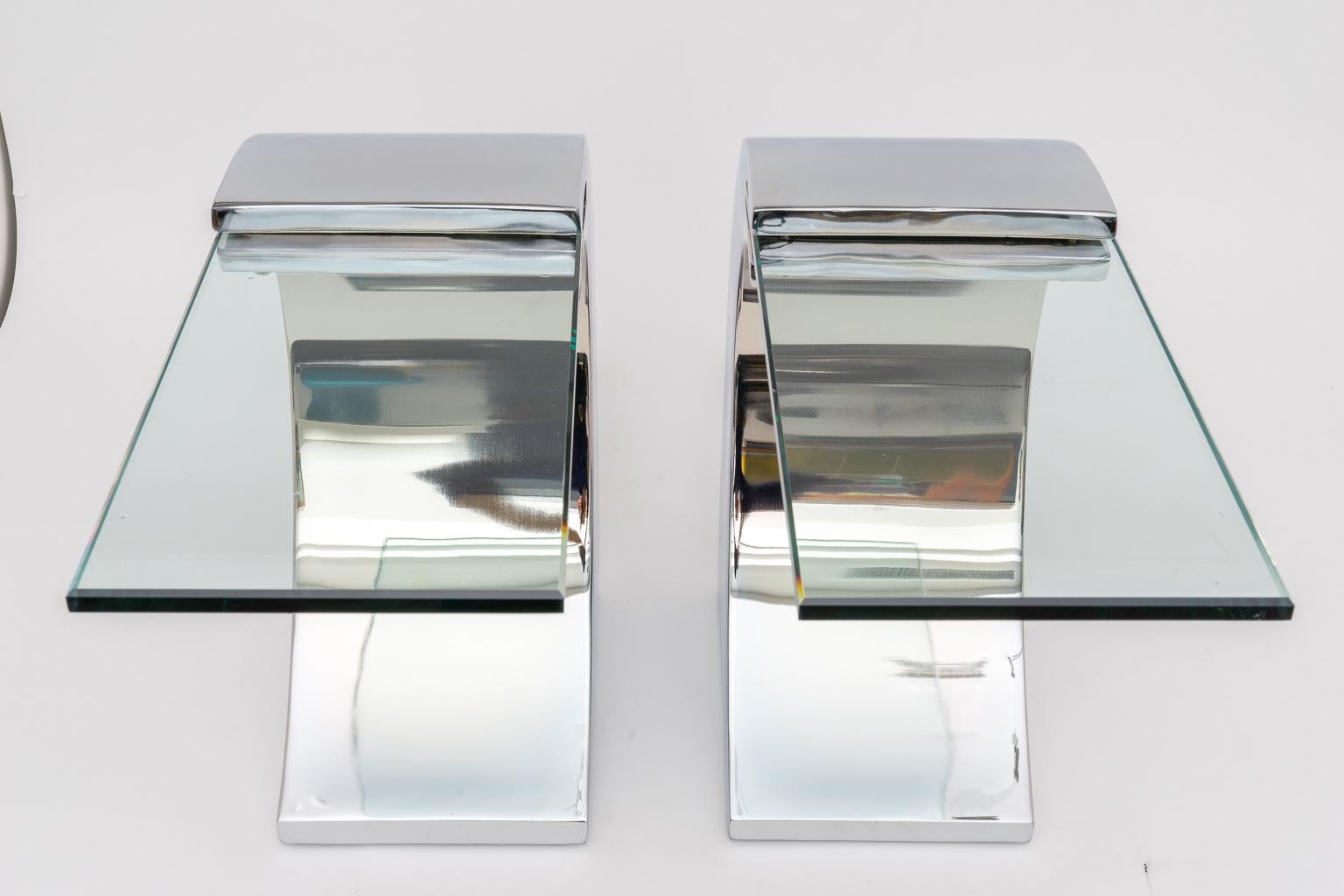 Polished Pair of Stainless Steel and Glass Side Tables