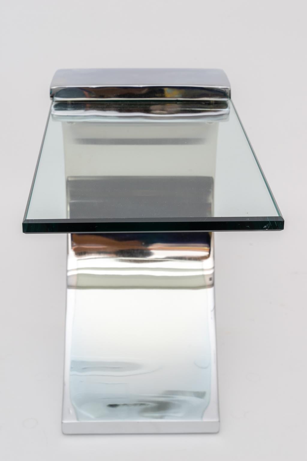 Pair of Stainless Steel and Glass Side Tables 1