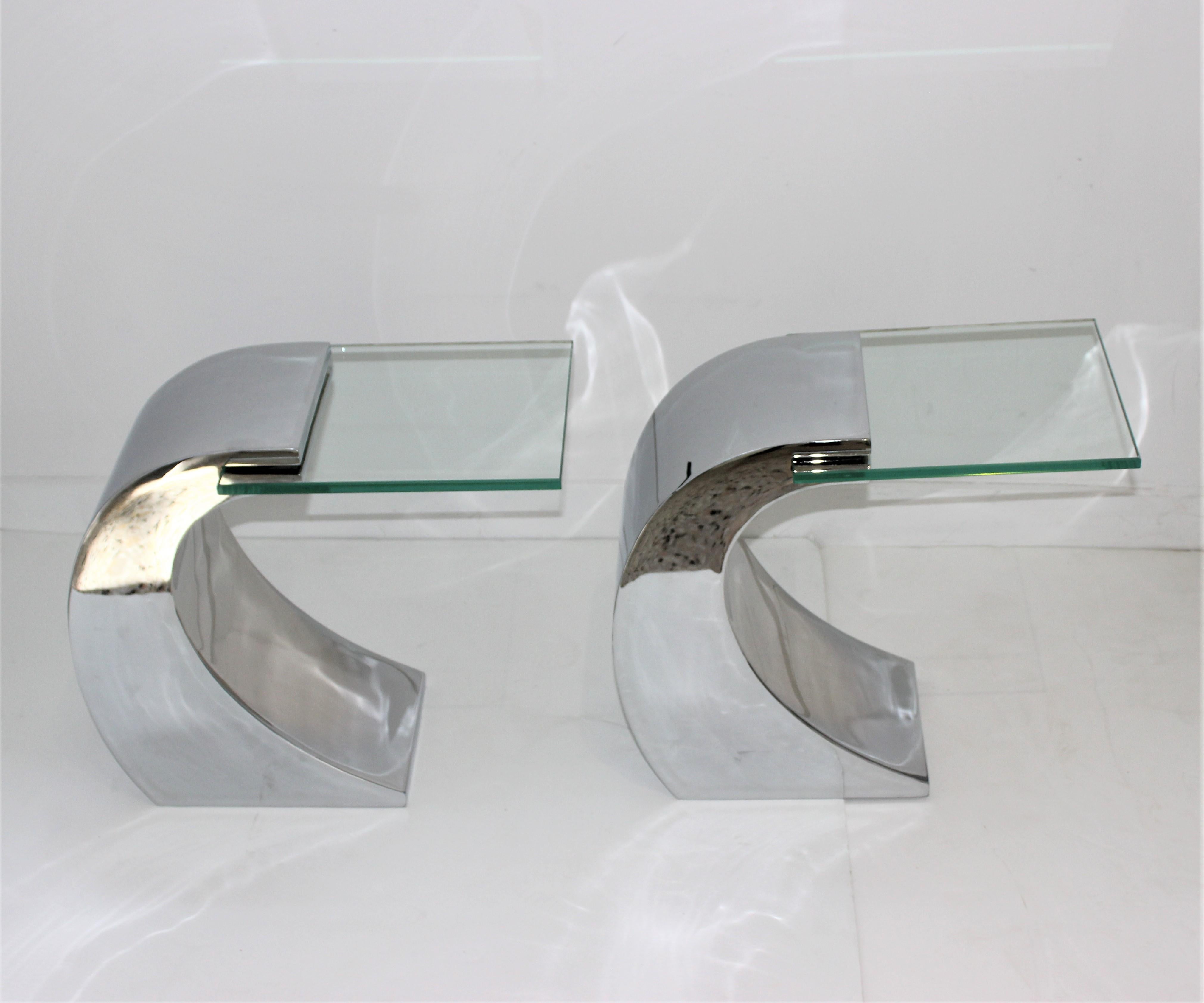 Modern Pair of Stainless Steel and Glass Side Tables, Need Measurements