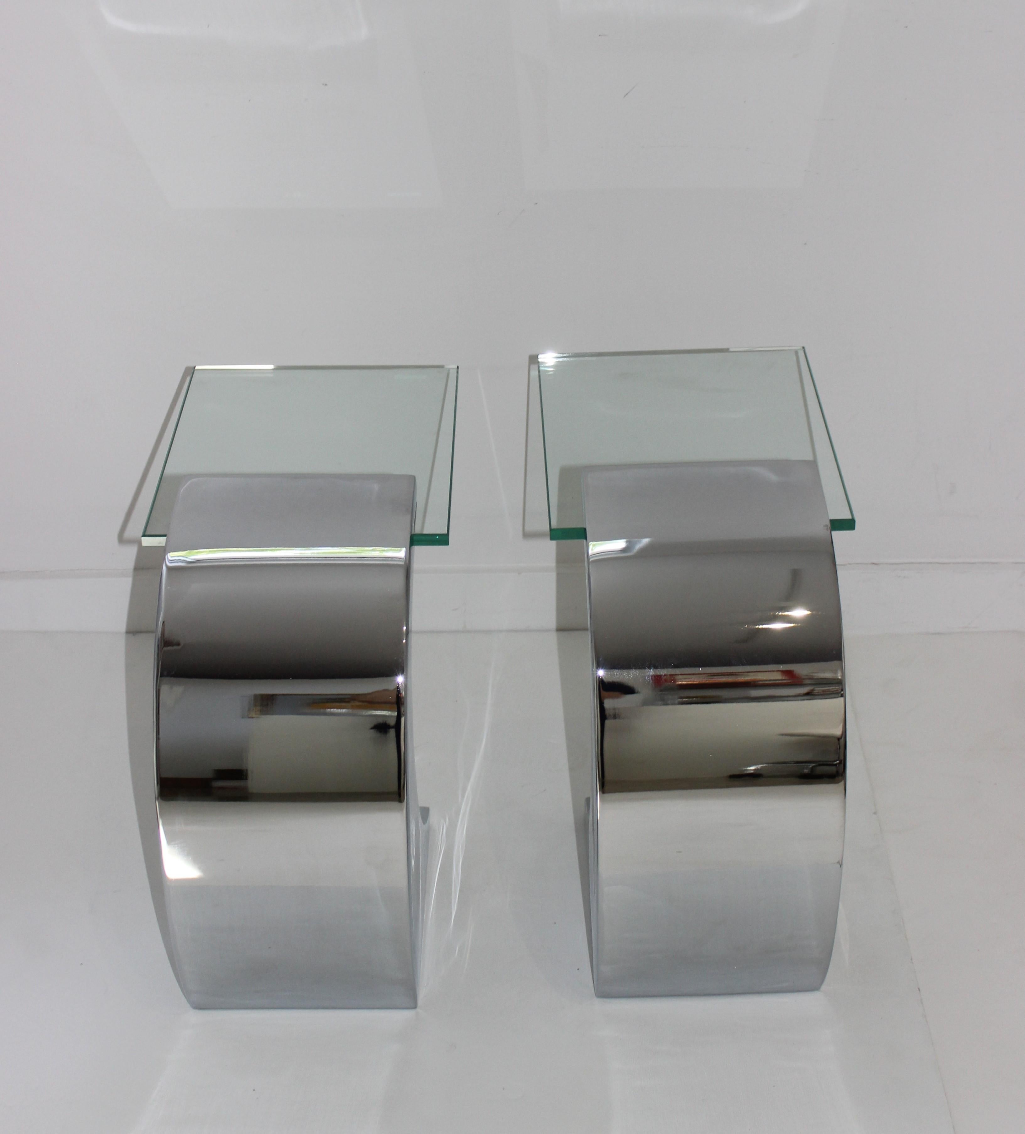 American Pair of Stainless Steel and Glass Side Tables, Need Measurements