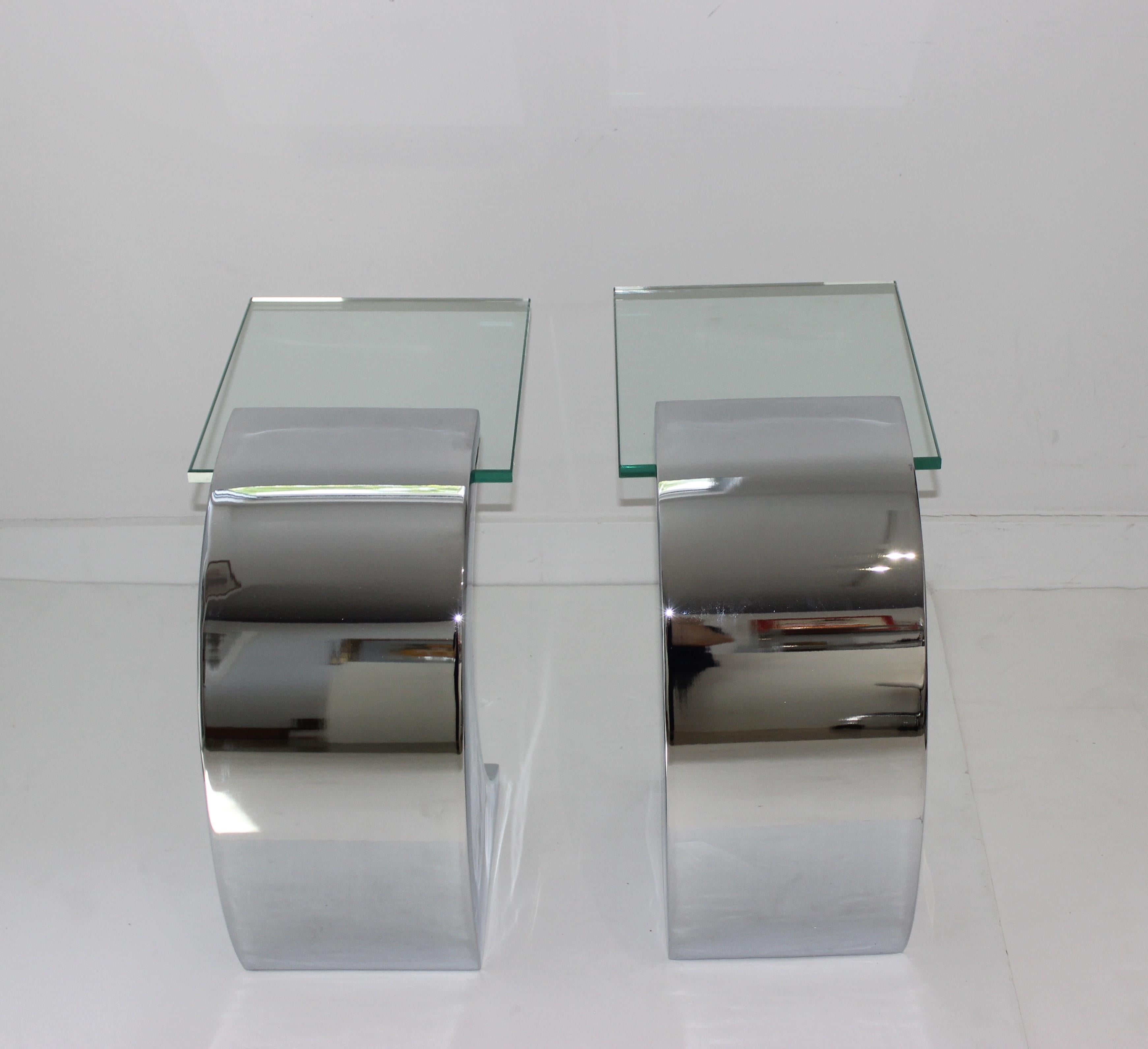 Polished Pair of Stainless Steel and Glass Side Tables, Need Measurements