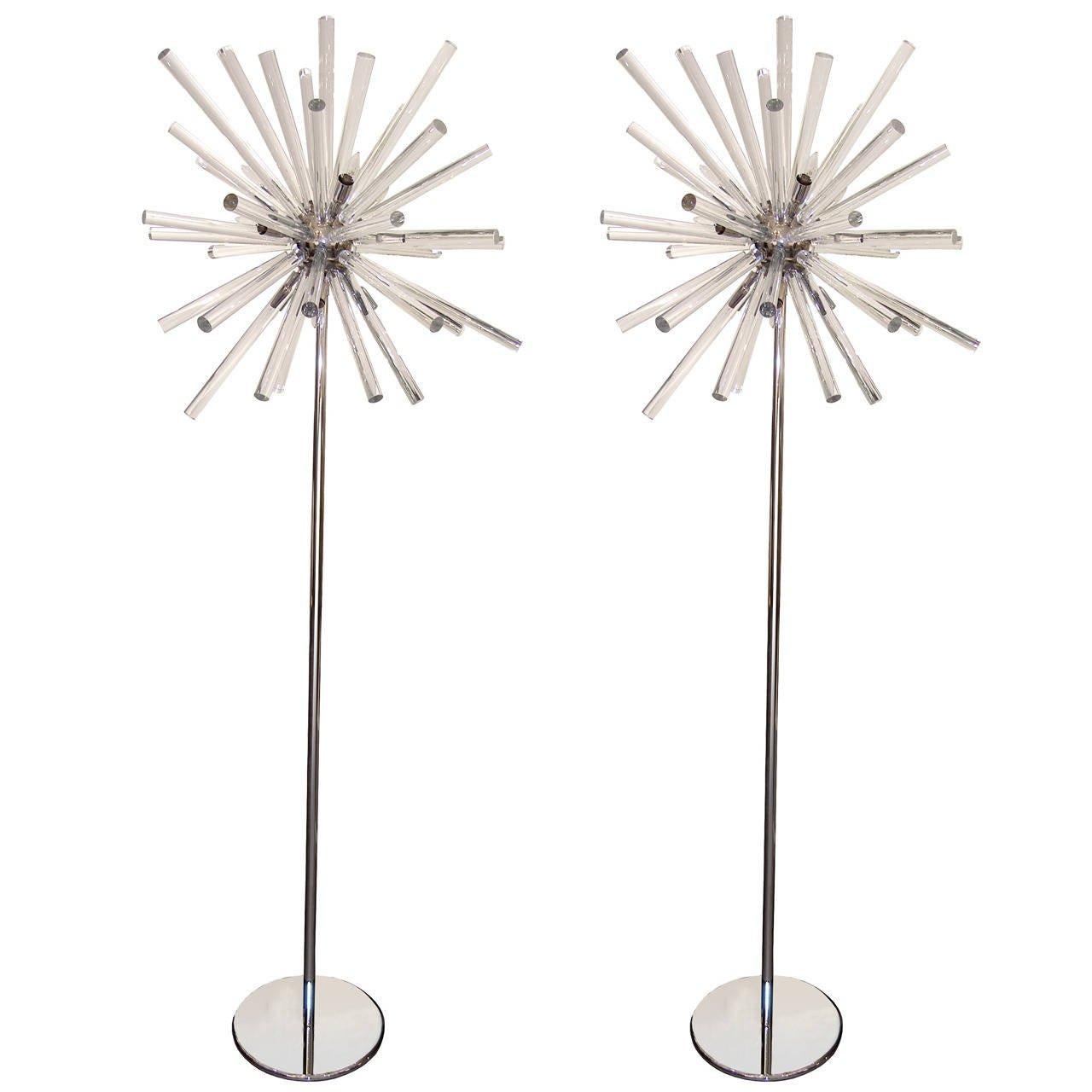 Pair of Stainless Steel and Glass Sputnik Floor Lamps In Excellent Condition For Sale In New York, NY
