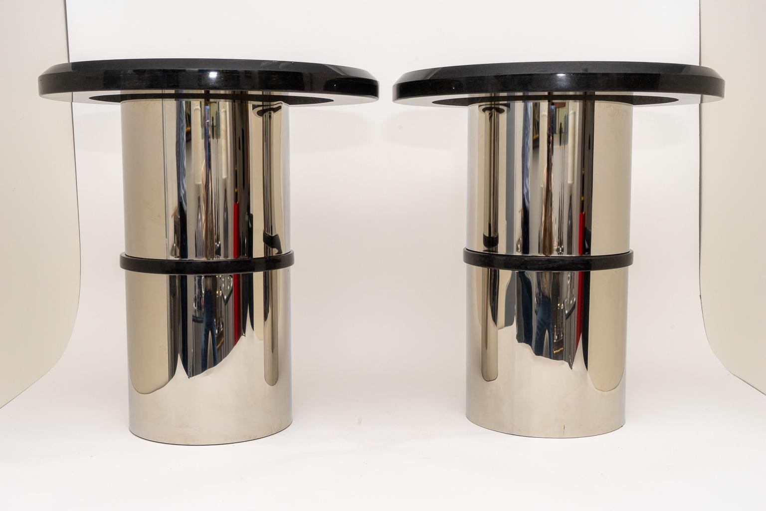 Modern Pair of Stainless Steel and Granite Side Tables For Sale