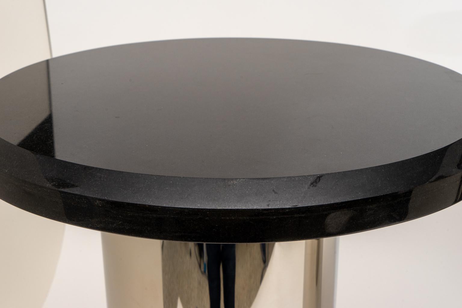 Polished Pair of Stainless Steel and Granite Side Tables For Sale