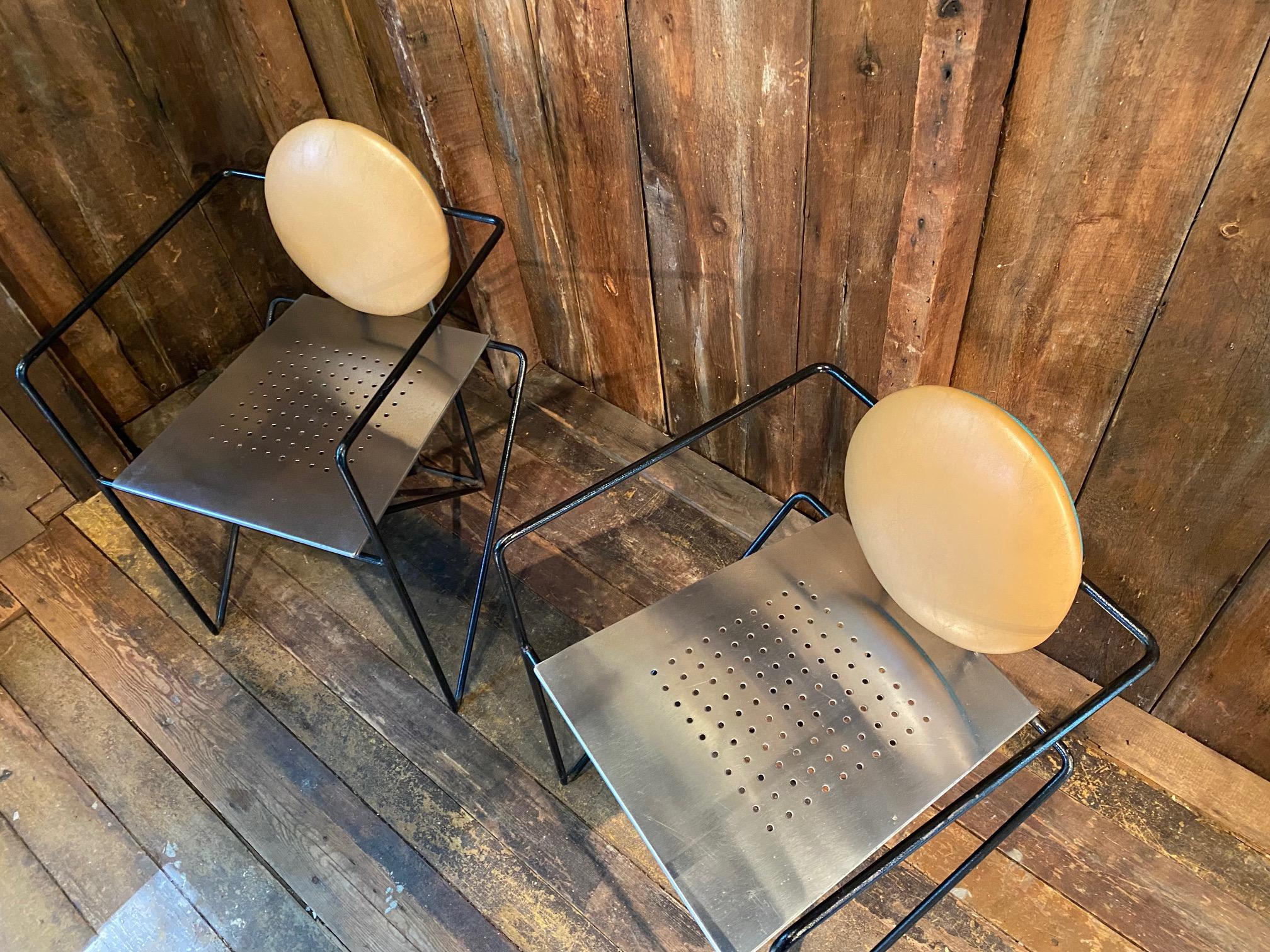 Italian Pair of Stainless Steel and Leather Armchairs in the Manner of Mario Botta For Sale