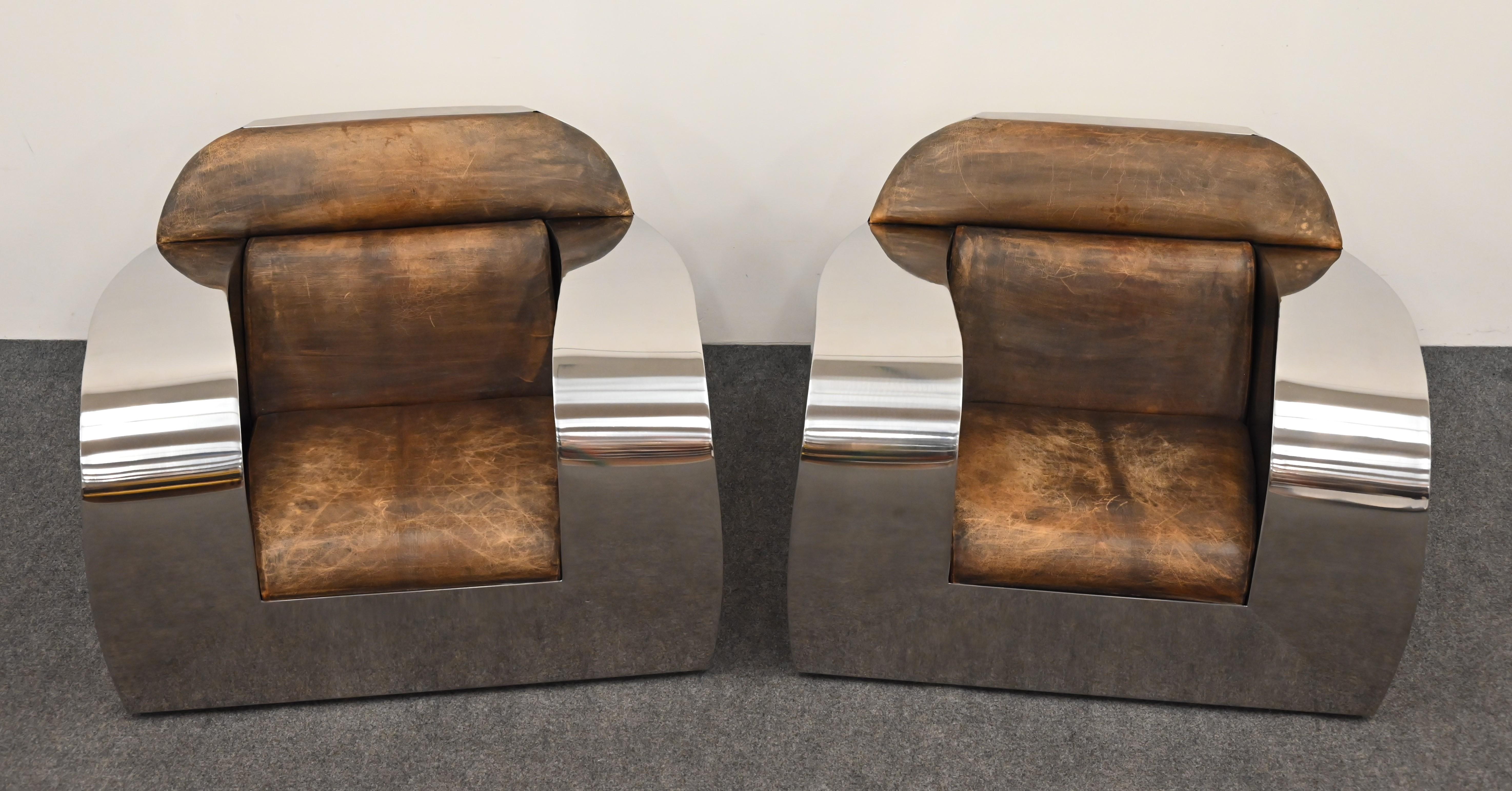 Pair of Stainless Steel Club Chairs by Jonathan Singleton, 20th Century For Sale 4