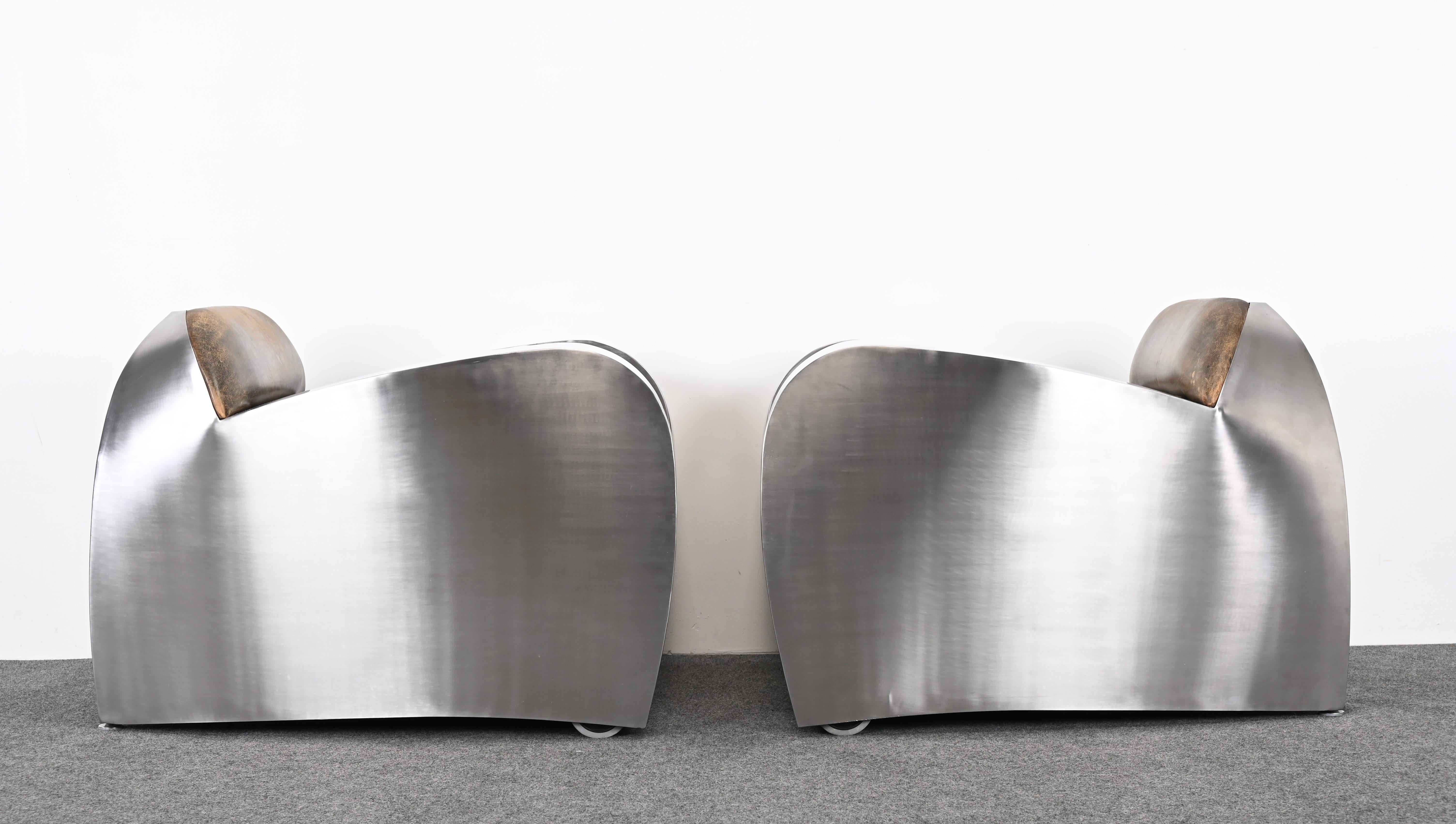 Pair of Stainless Steel Club Chairs by Jonathan Singleton, 20th Century For Sale 7