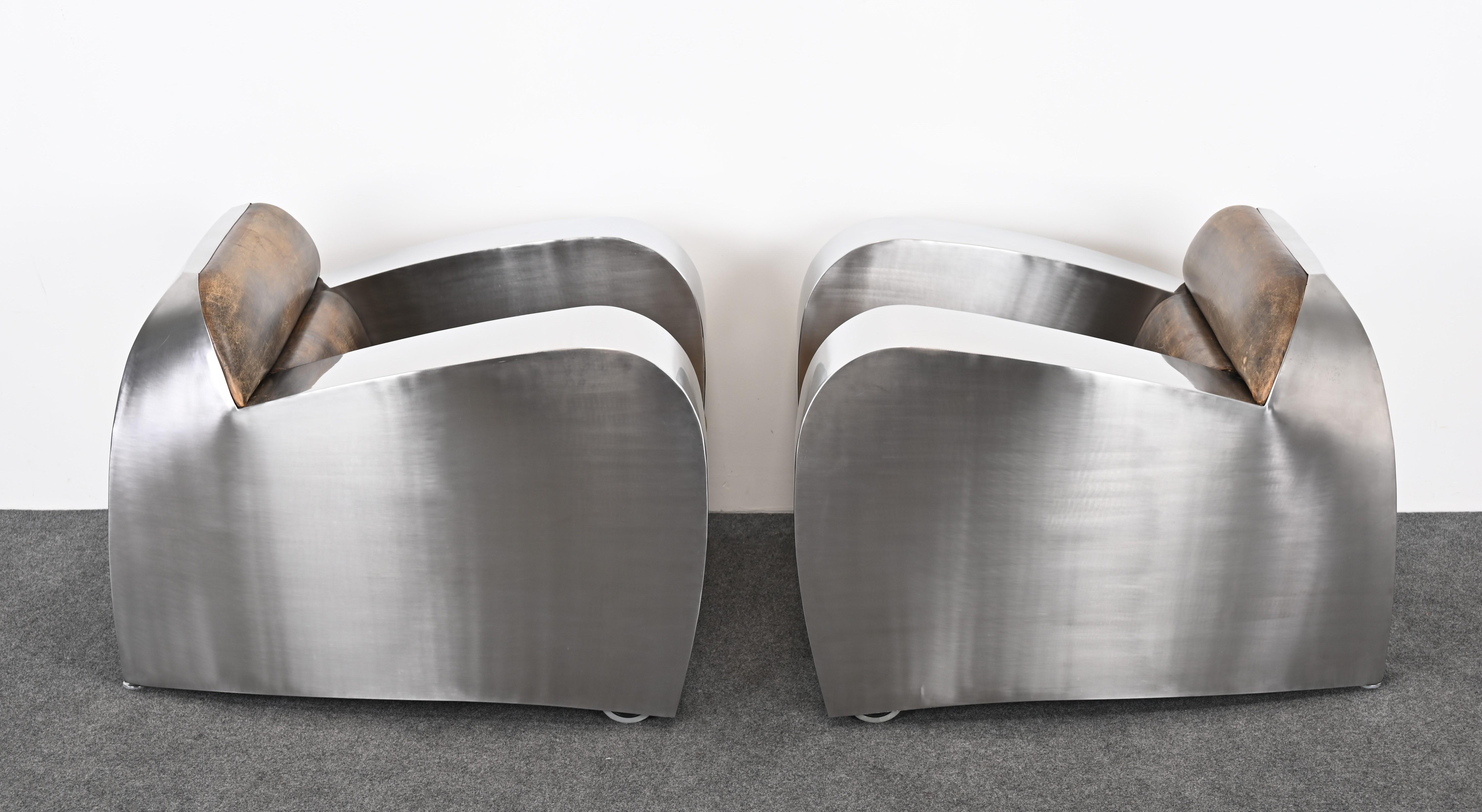 Pair of Stainless Steel Club Chairs by Jonathan Singleton, 20th Century For Sale 8