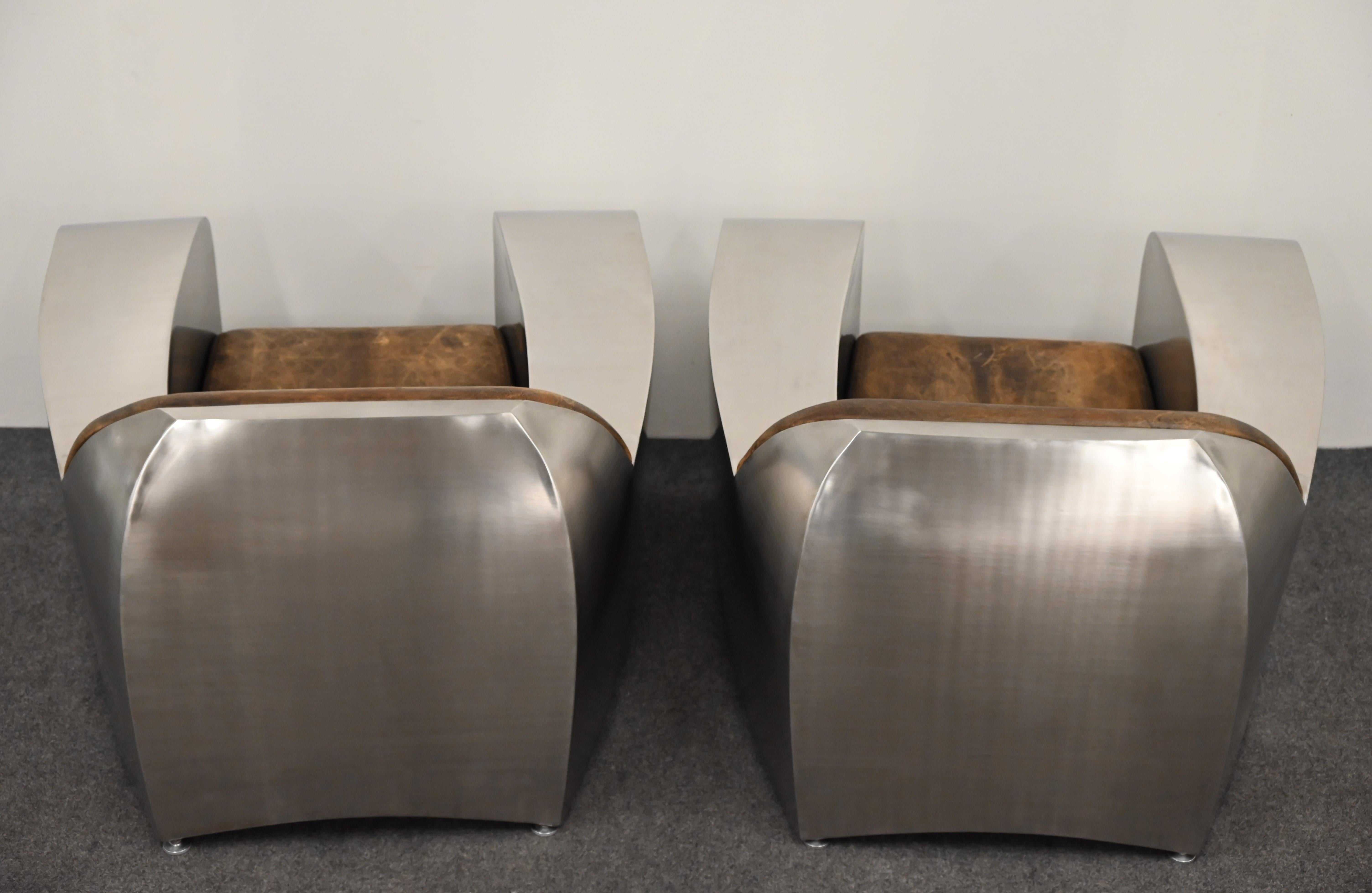 Pair of Stainless Steel Club Chairs by Jonathan Singleton, 20th Century For Sale 11