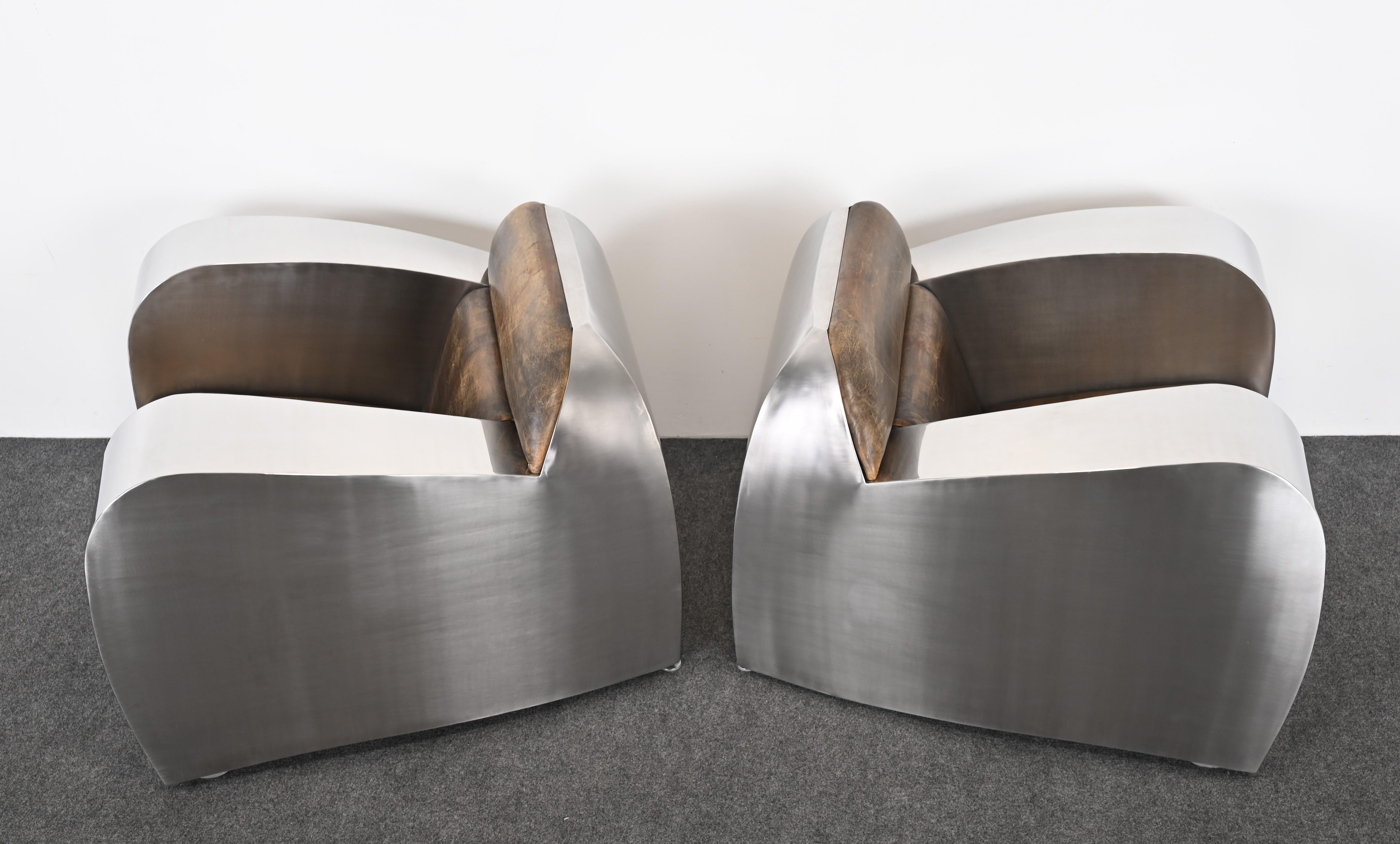 Pair of Stainless Steel Club Chairs by Jonathan Singleton, 20th Century For Sale 13