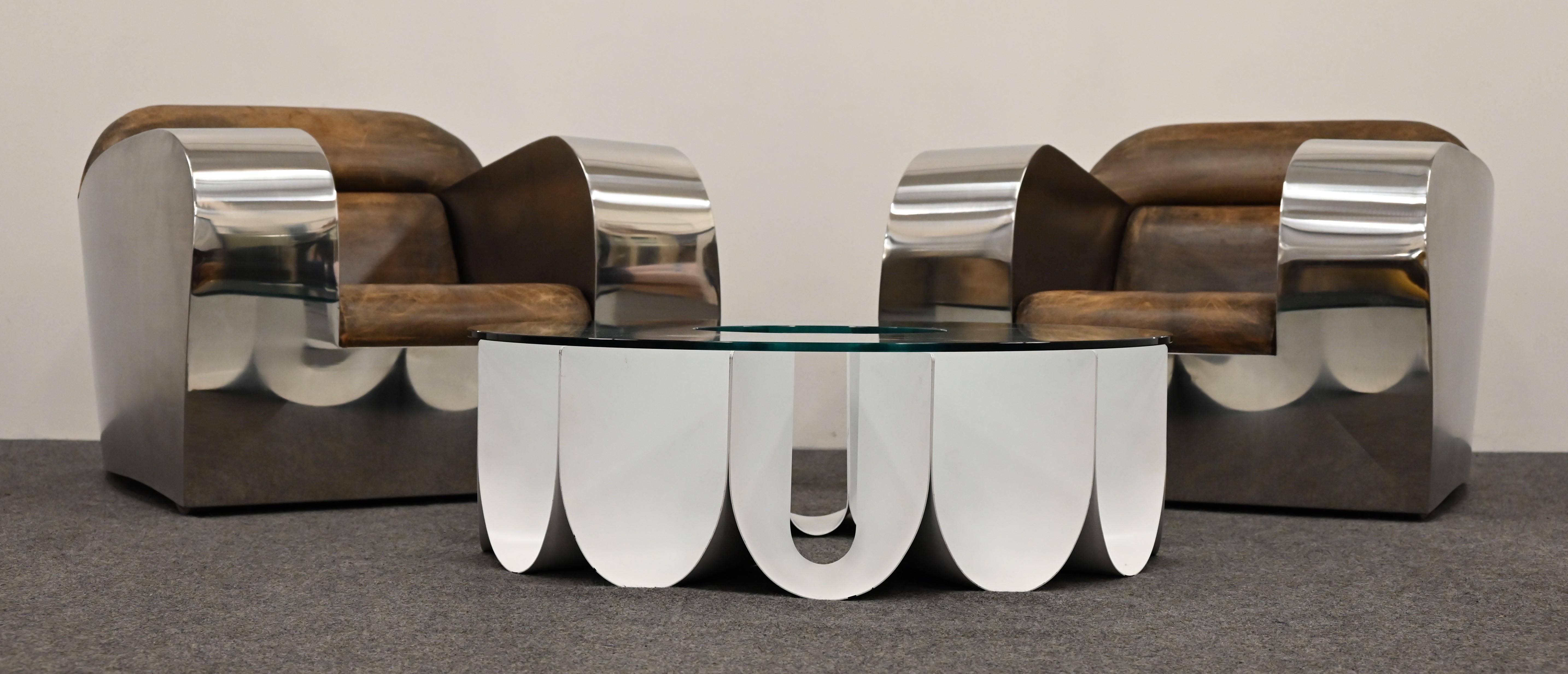 Pair of Stainless Steel Club Chairs by Jonathan Singleton, 20th Century For Sale 2