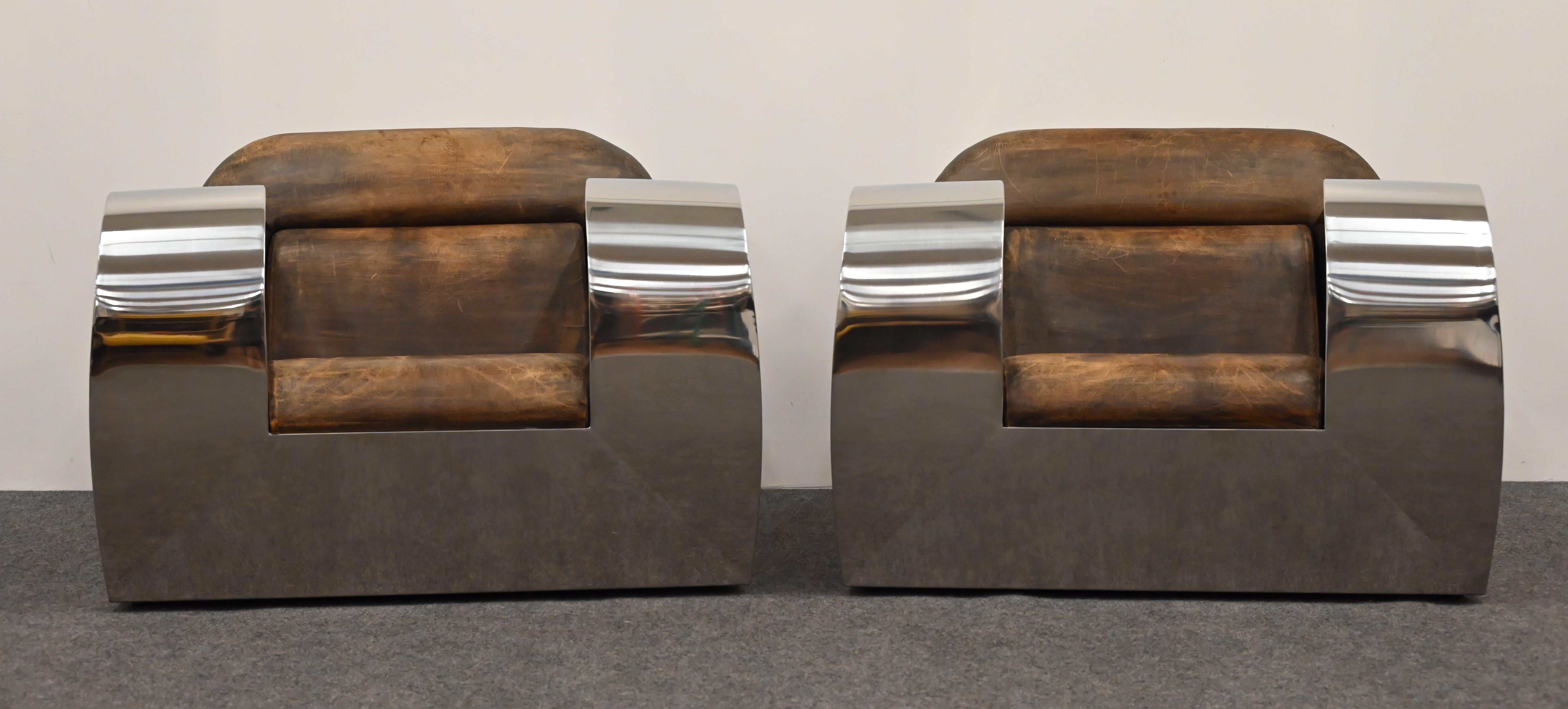 Pair of Stainless Steel Club Chairs by Jonathan Singleton, 20th Century For Sale 3