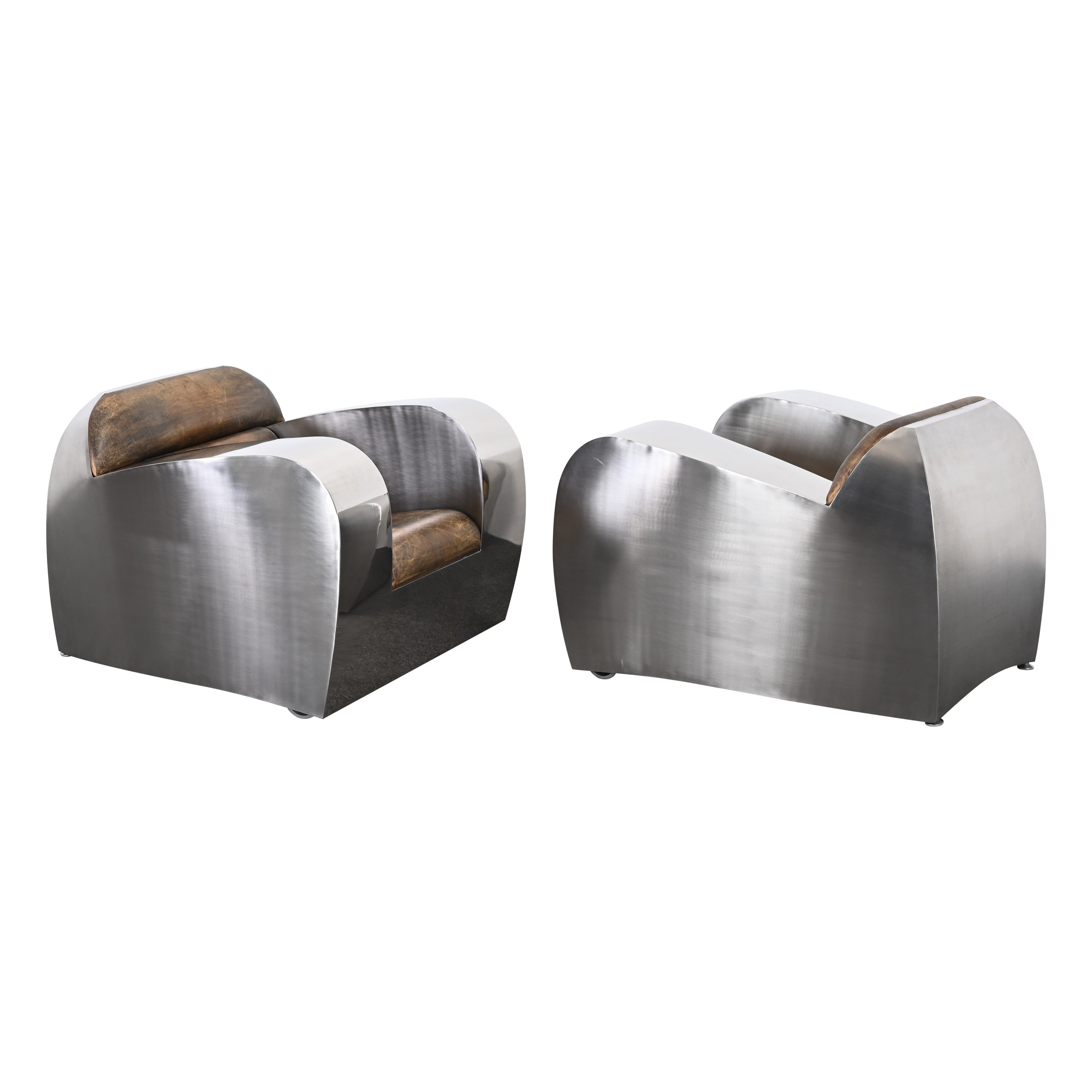 Paire de fauteuils club en acier inoxydable de Jonathan Singleton, 20ème siècle