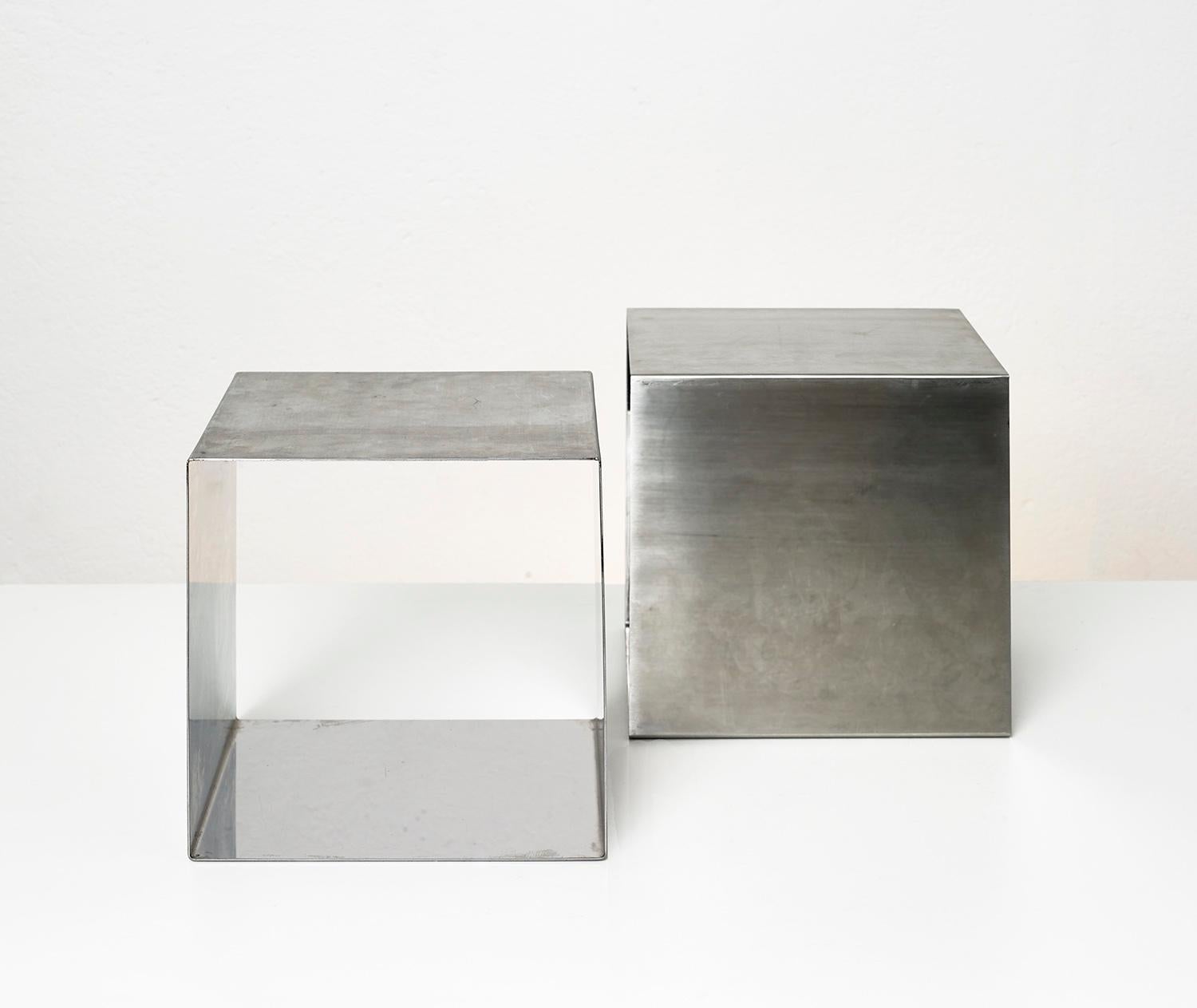 Pair of stainless steel cube tables by Maria Pergay for design steel, France, 1968.

Rare pair of stainless steel cube tables by famous French designer and interior designer Maria Pergay for Design Steel, France, 1968.

The four exterior faces