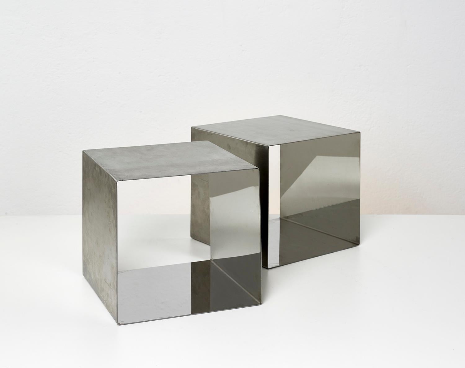 Modern Pair of Stainless Steel Cube Tables by Maria Pergay for Design Steel France 1968