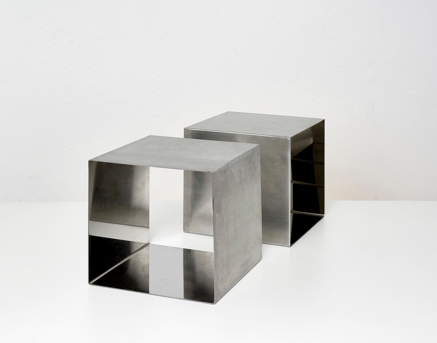 French Pair of Stainless Steel Cube Tables by Maria Pergay for Design Steel France 1968