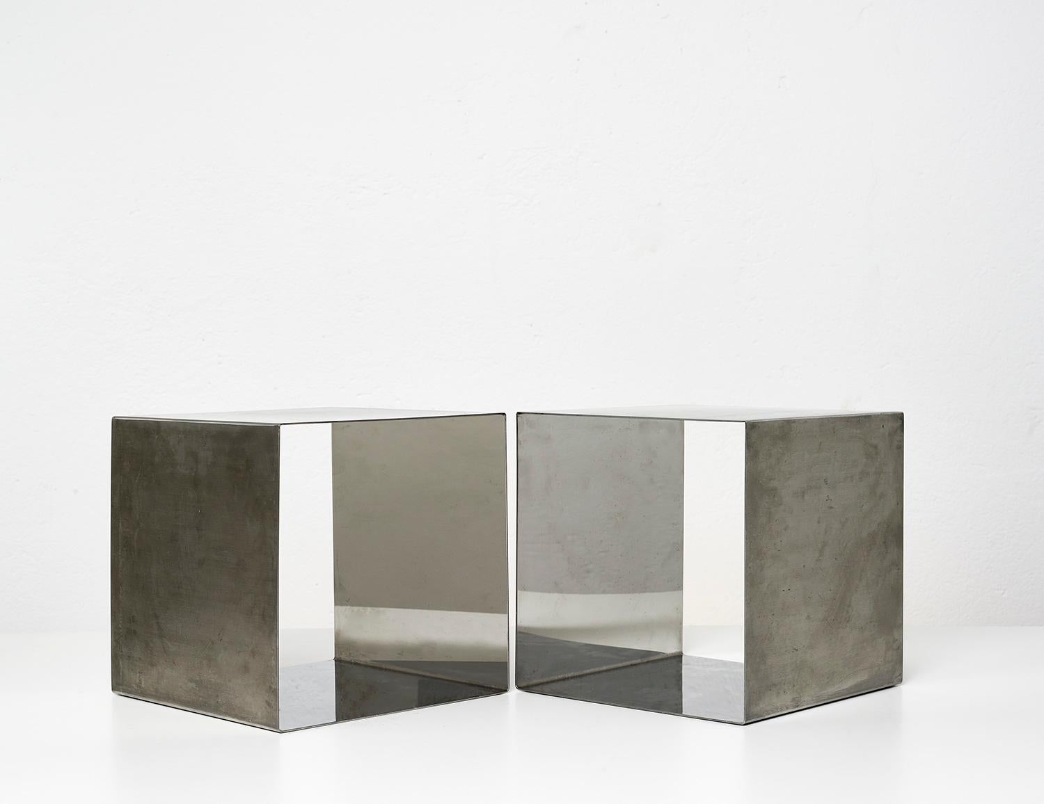 Brushed Pair of Stainless Steel Cube Tables by Maria Pergay for Design Steel France 1968