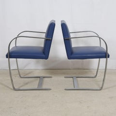 Pair of Stainless Steel Flat Bar Brno Chairs with Cadet Blue Leather Upholstery