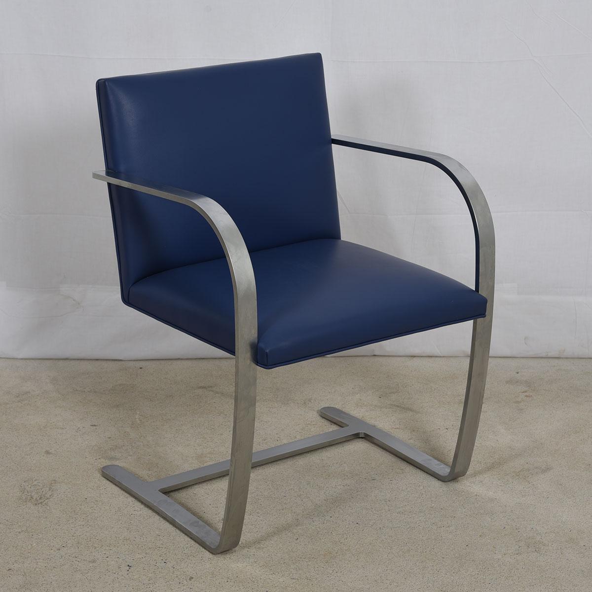 Mid-Century Modern Pair of Stainless Steel Flat Bar Brno Chairs with Cadet Blue Leather Upholstery For Sale