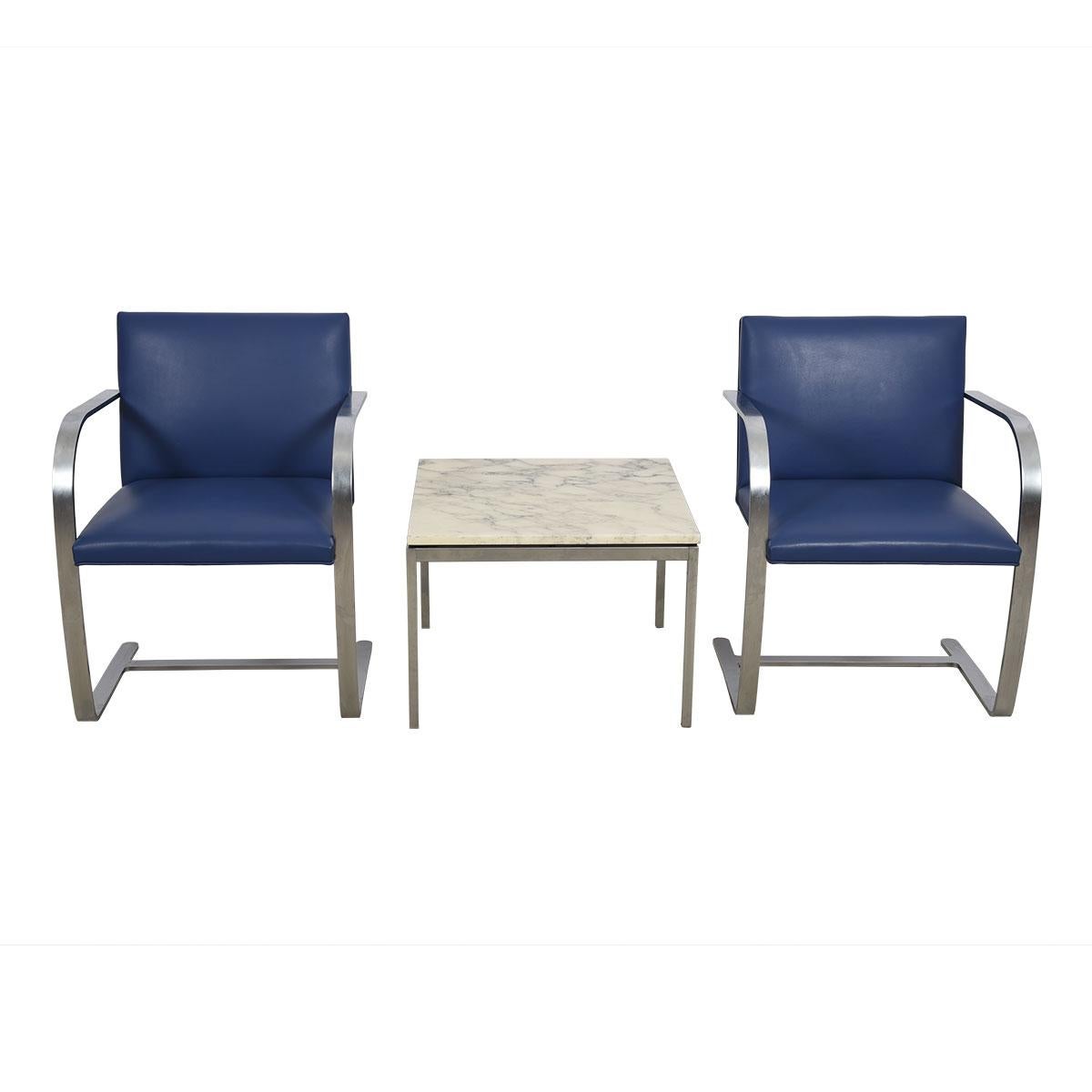 20th Century Pair of Stainless Steel Flat Bar Brno Chairs with Cadet Blue Leather Upholstery For Sale