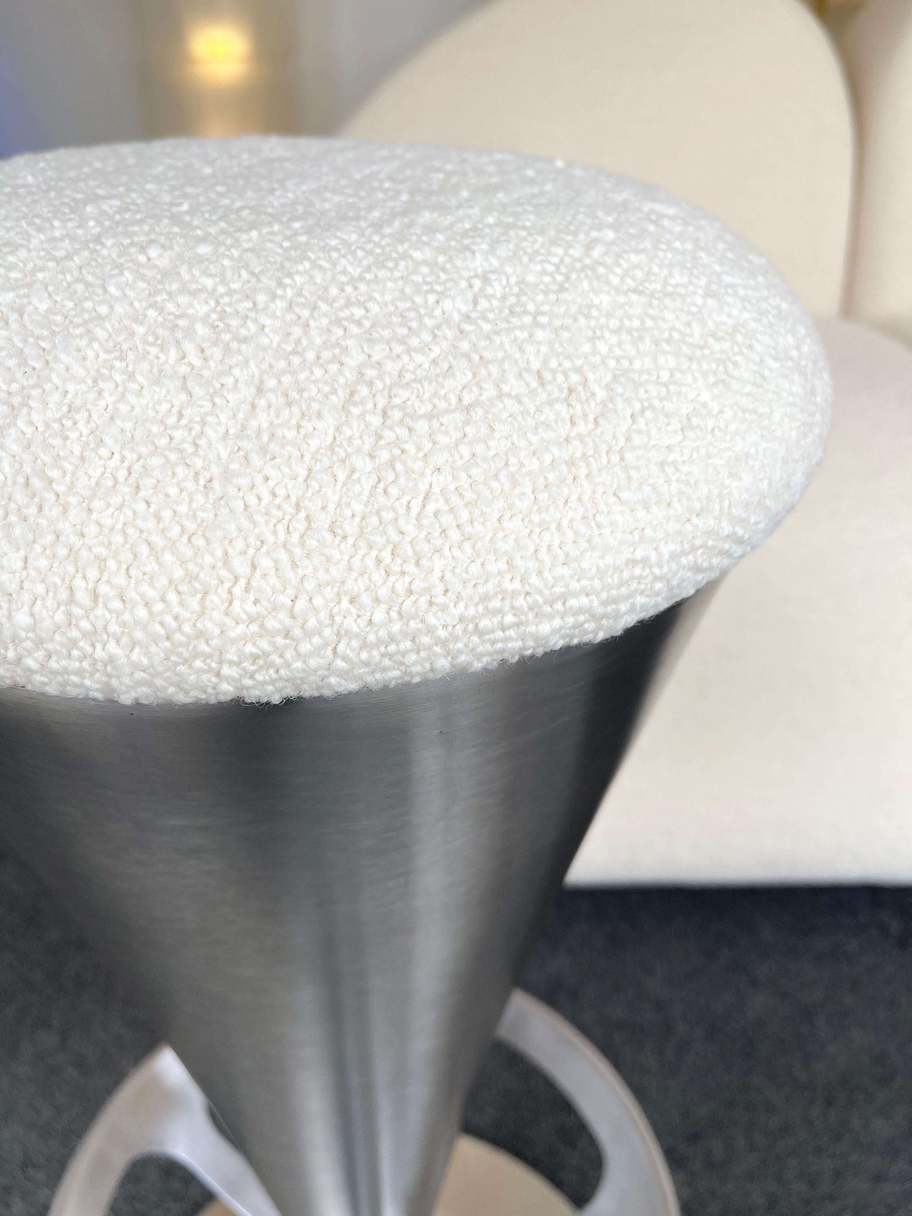 Pair of stainless steel and cast aluminum metal bar or counter Cone stools. New upholstery bouclé fabric. In the mood of Mid-Century Modern Space Age , Verner Pantone.
