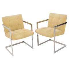 Pair of Stainless Steel Milo Baughman Cube Shape 1970s Camel Dining Chairs CLEAN
