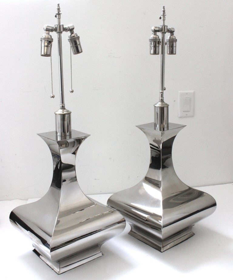 Polished Pair of Stainless Steel Table Lamps For Sale