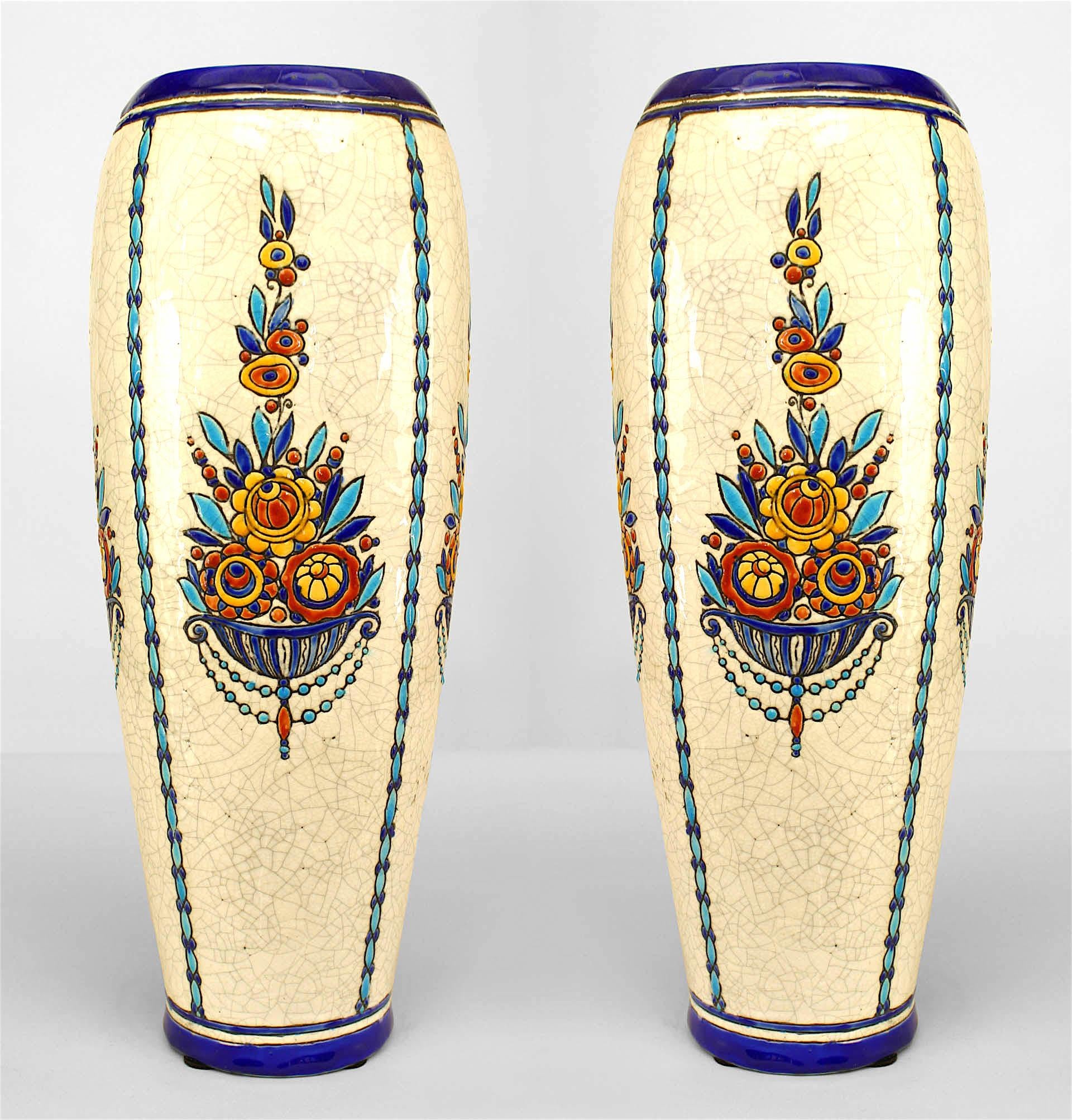 Pair of Art Deco (Belgian) crackled earthenware vases with blue floral motif (stamped Boch Frs/La Louviere, #D944) (PRICED AS Pair)
