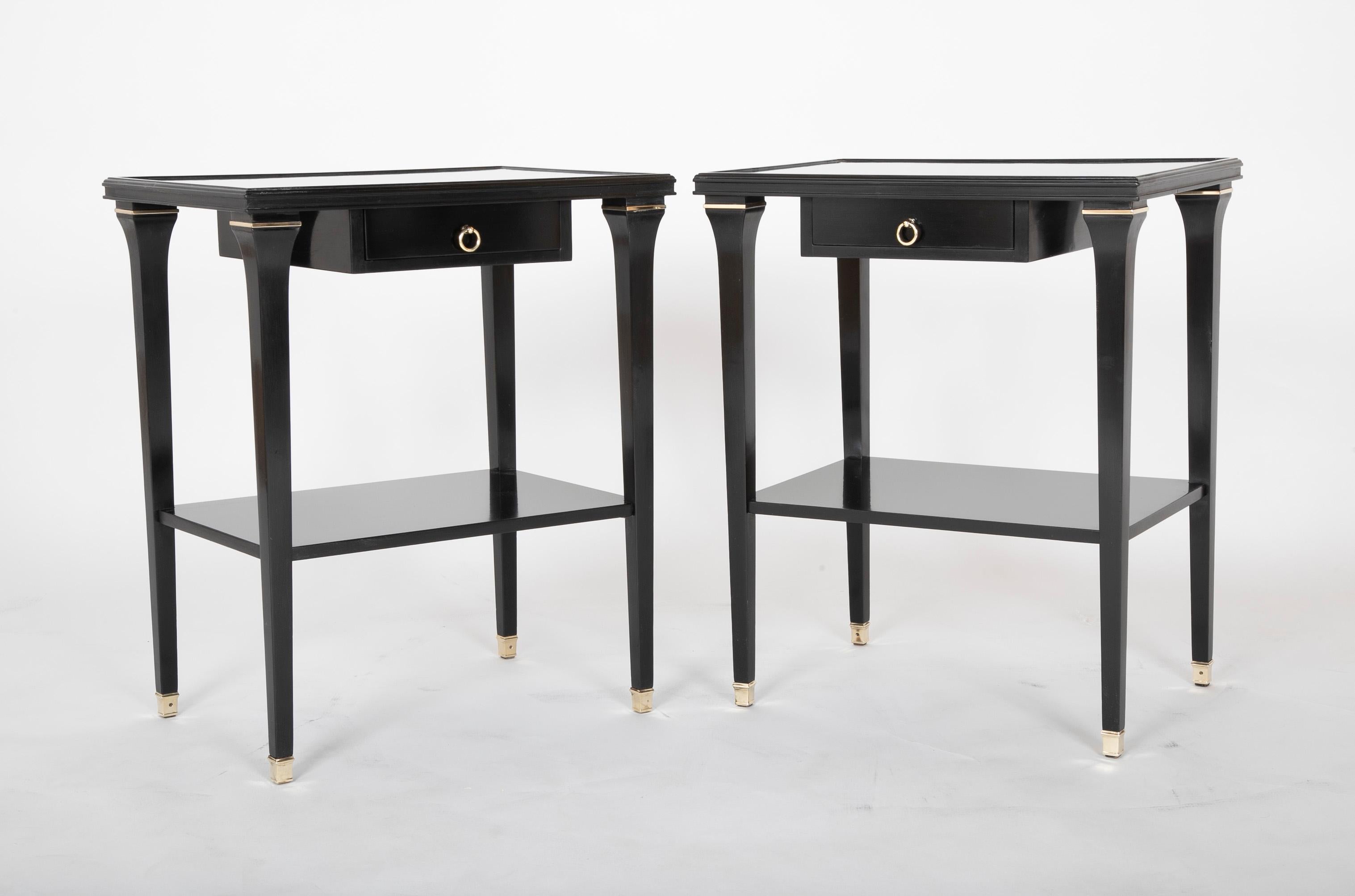 Neoclassical Revival Pair of Stamped Ebonized Oak Bedside Tables by Jansen