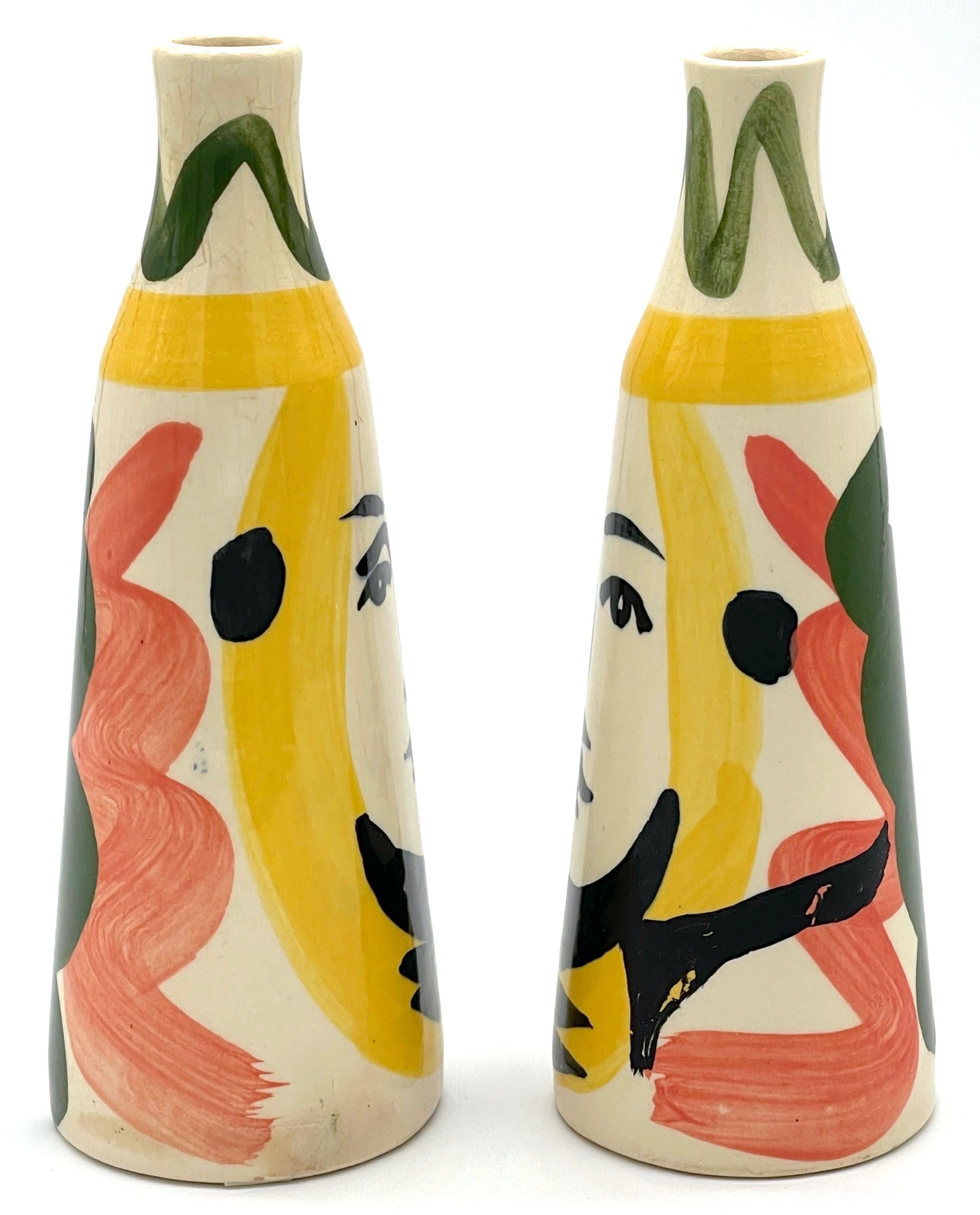 Modern Pair of Stamped Edition Padilla Picasso Pottery Conical Face Vases For Sale