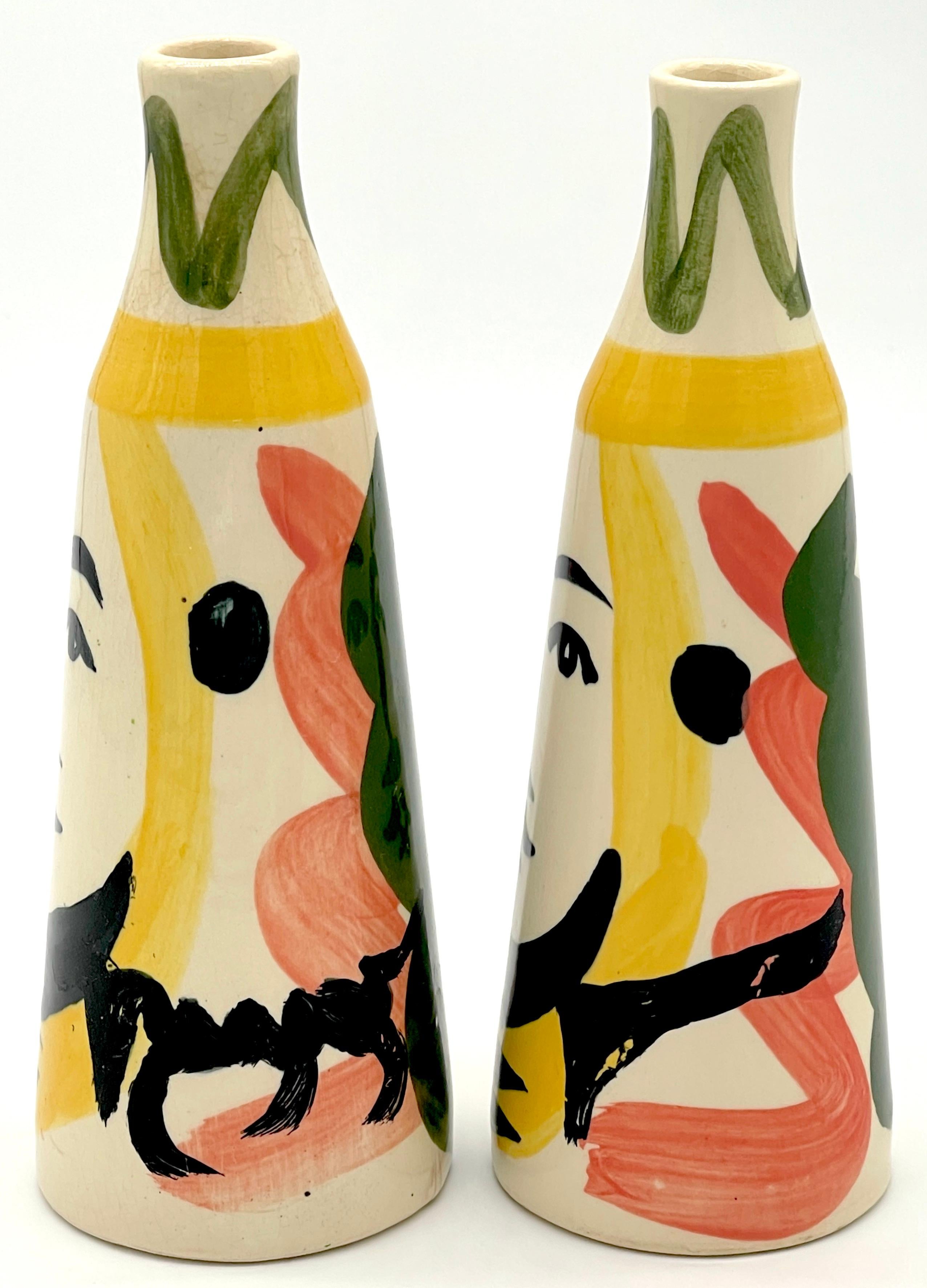Hand-Painted Pair of Stamped Edition Padilla Picasso Pottery Conical Face Vases For Sale