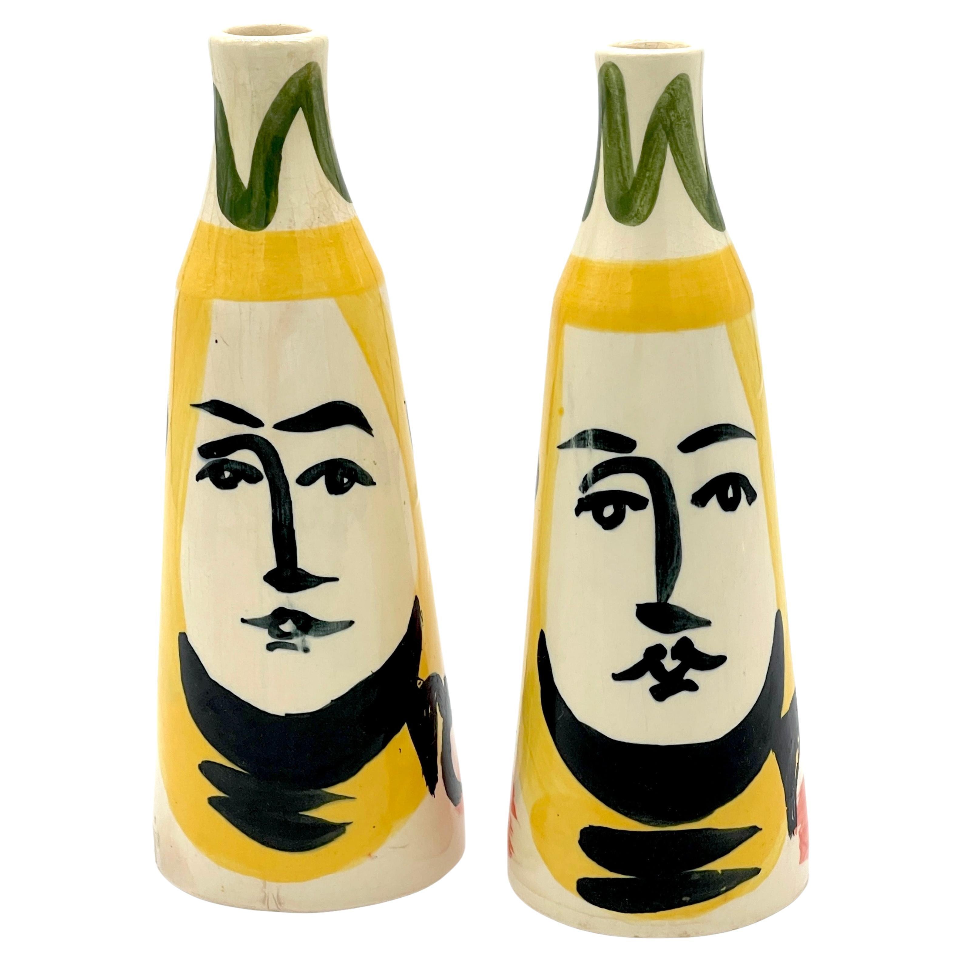 Pair of Stamped Edition Padilla Picasso Pottery Conical Face Vases For Sale