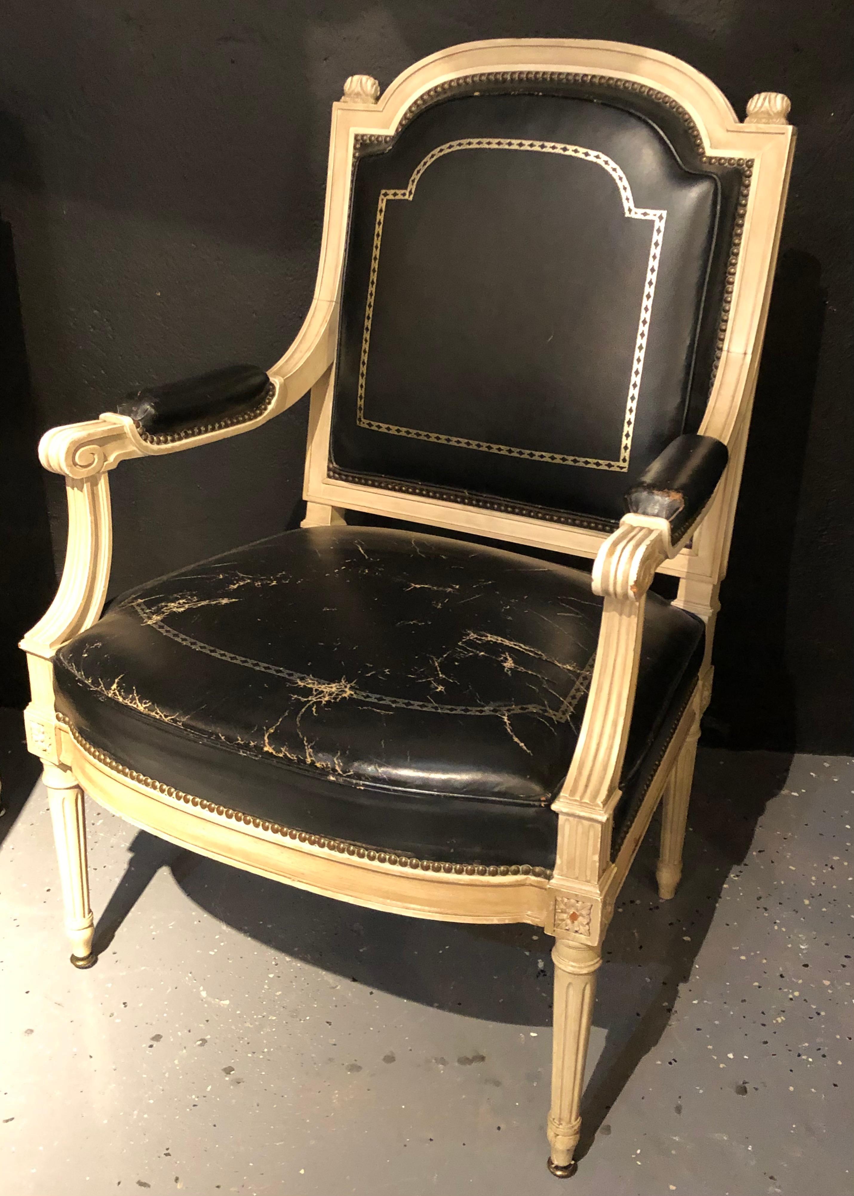 Hollywood Regency Pair of Stamped Jansen Bergères/ Armchairs Black Tooled Leather Upholstery