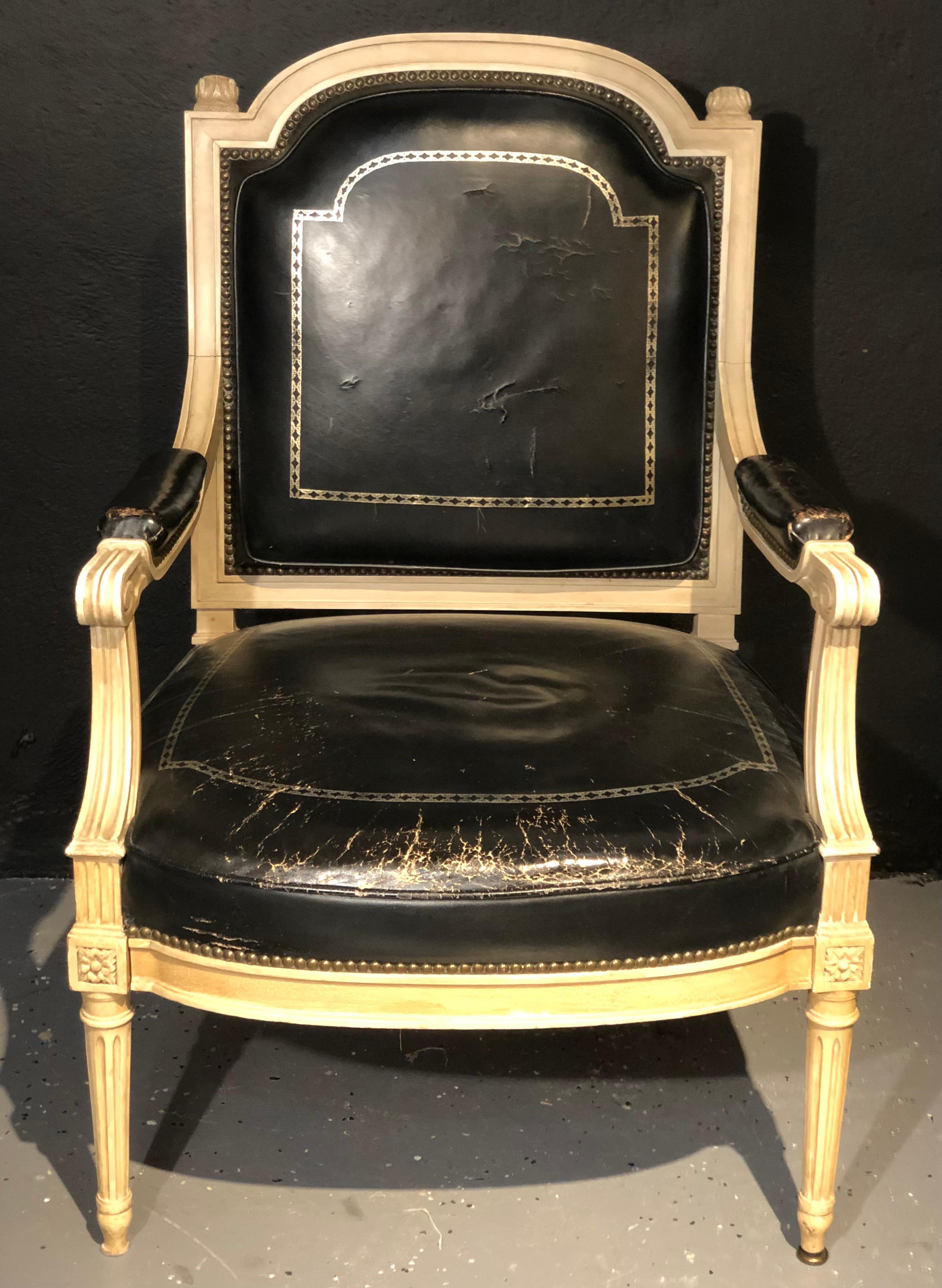 Pair of Stamped Jansen Bergères/ Armchairs Black Tooled Leather Upholstery In Good Condition In Stamford, CT