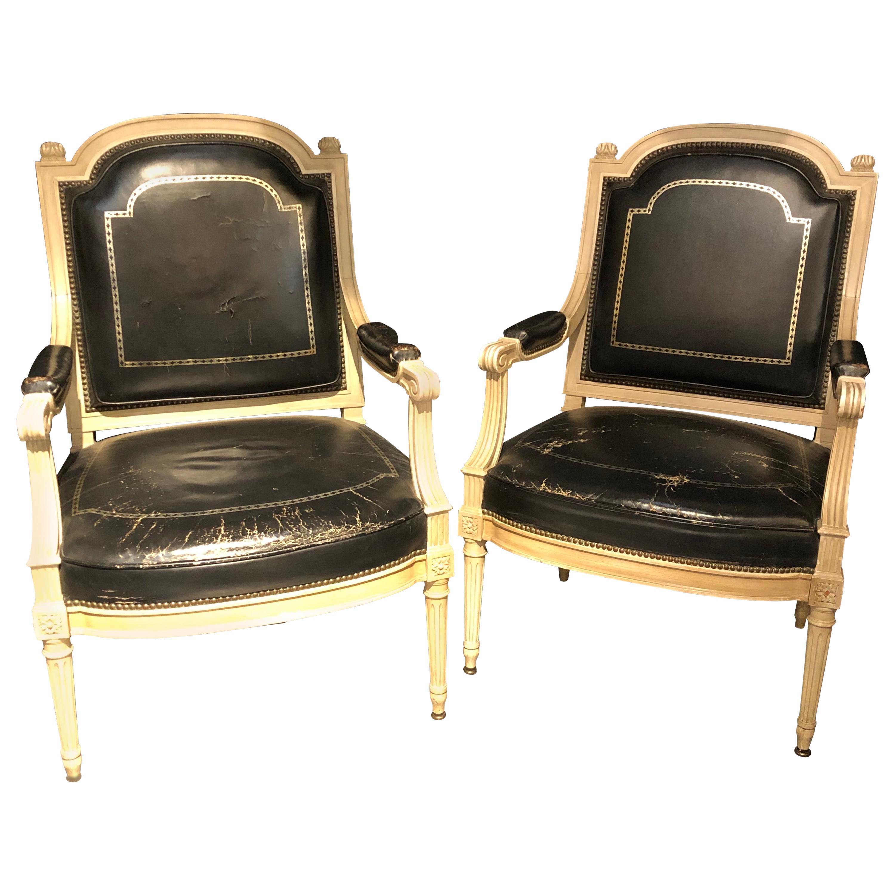 Pair of Stamped Jansen Bergères/ Armchairs Black Tooled Leather Upholstery