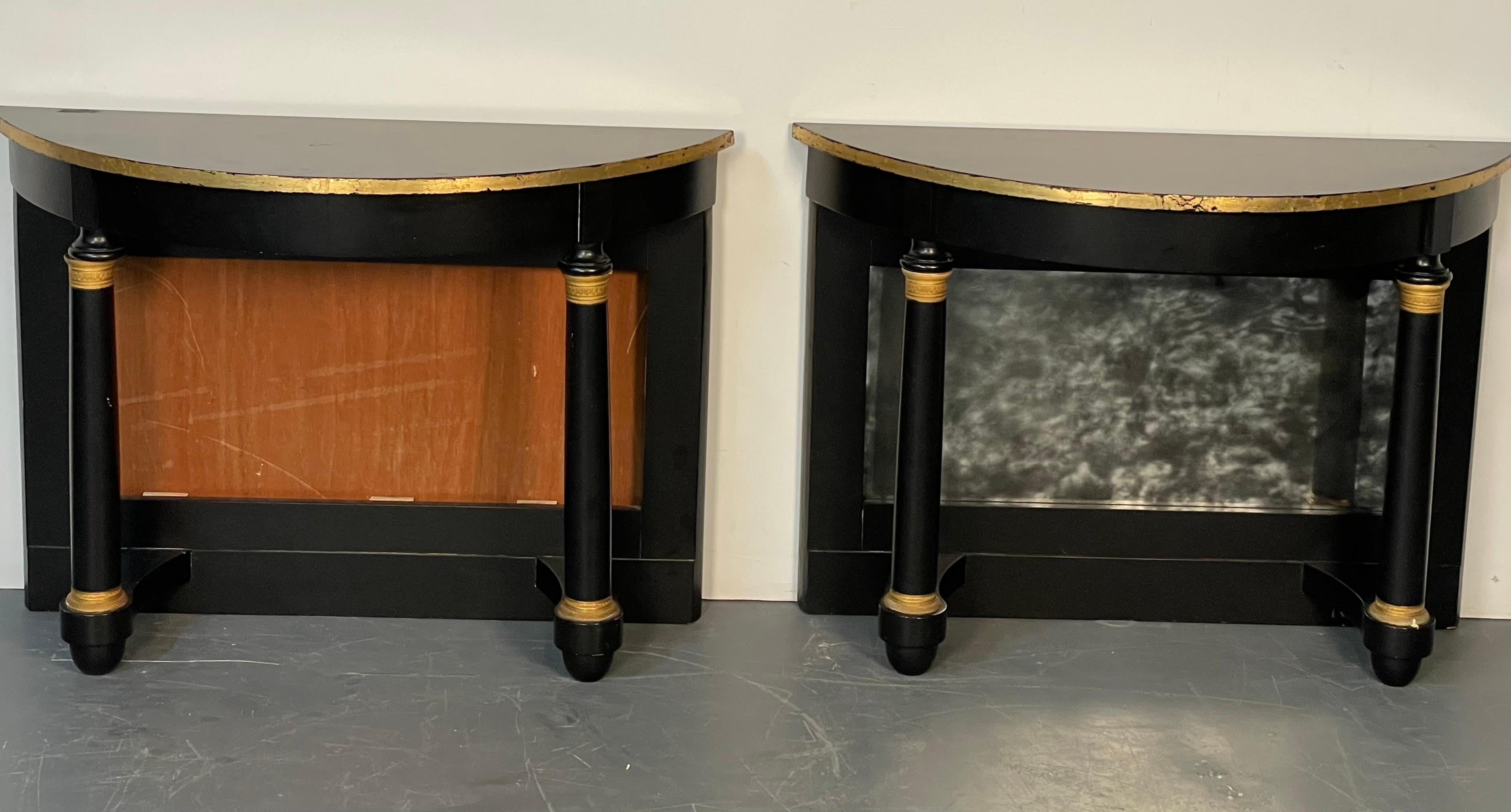 Pair of Stamped Jansen Ebony and Giltwood Demilune Console Tables