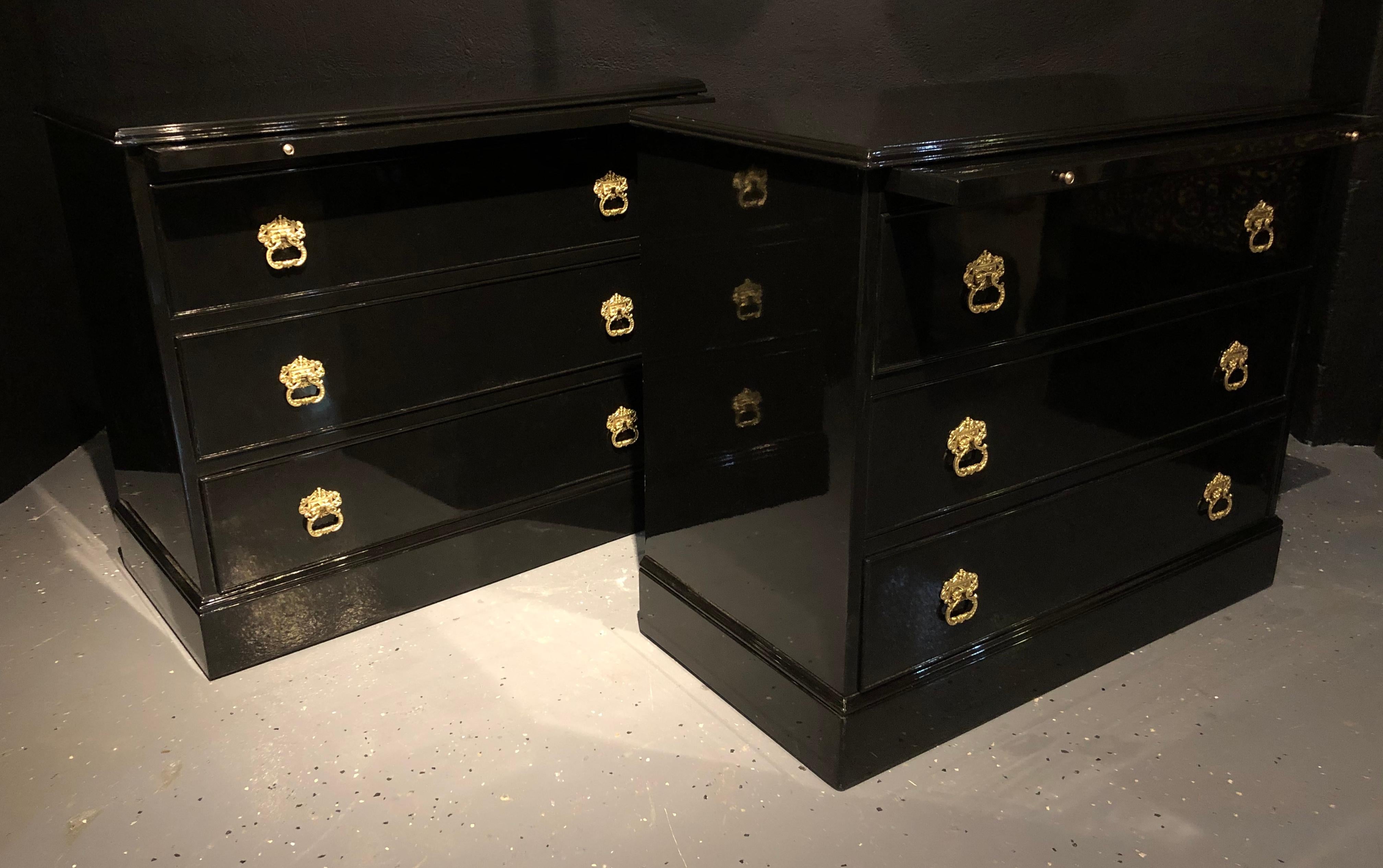 Gilt Pair of Stamped JANSEN Ebony Commodes, Nightstands or Chests, Hollywood Regency