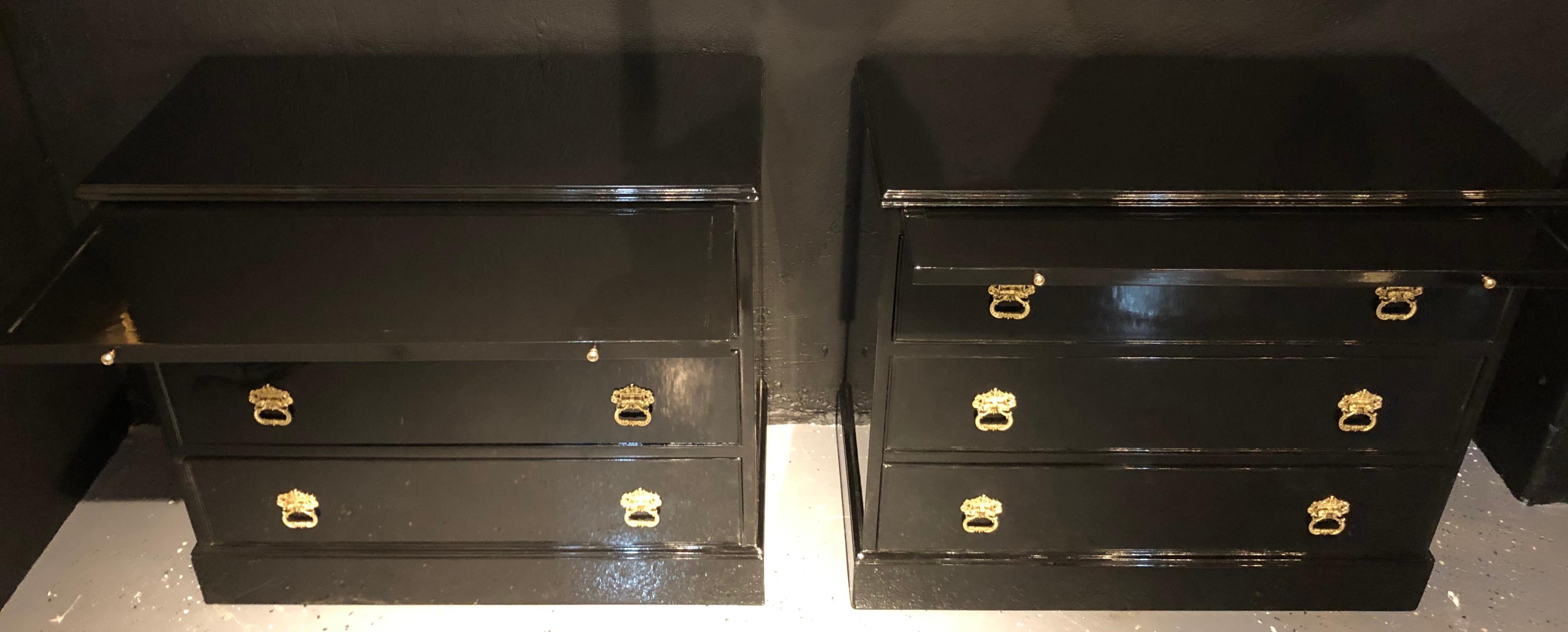 Pair of Stamped JANSEN Ebony Commodes, Nightstands or Chests, Hollywood Regency In Good Condition In Stamford, CT
