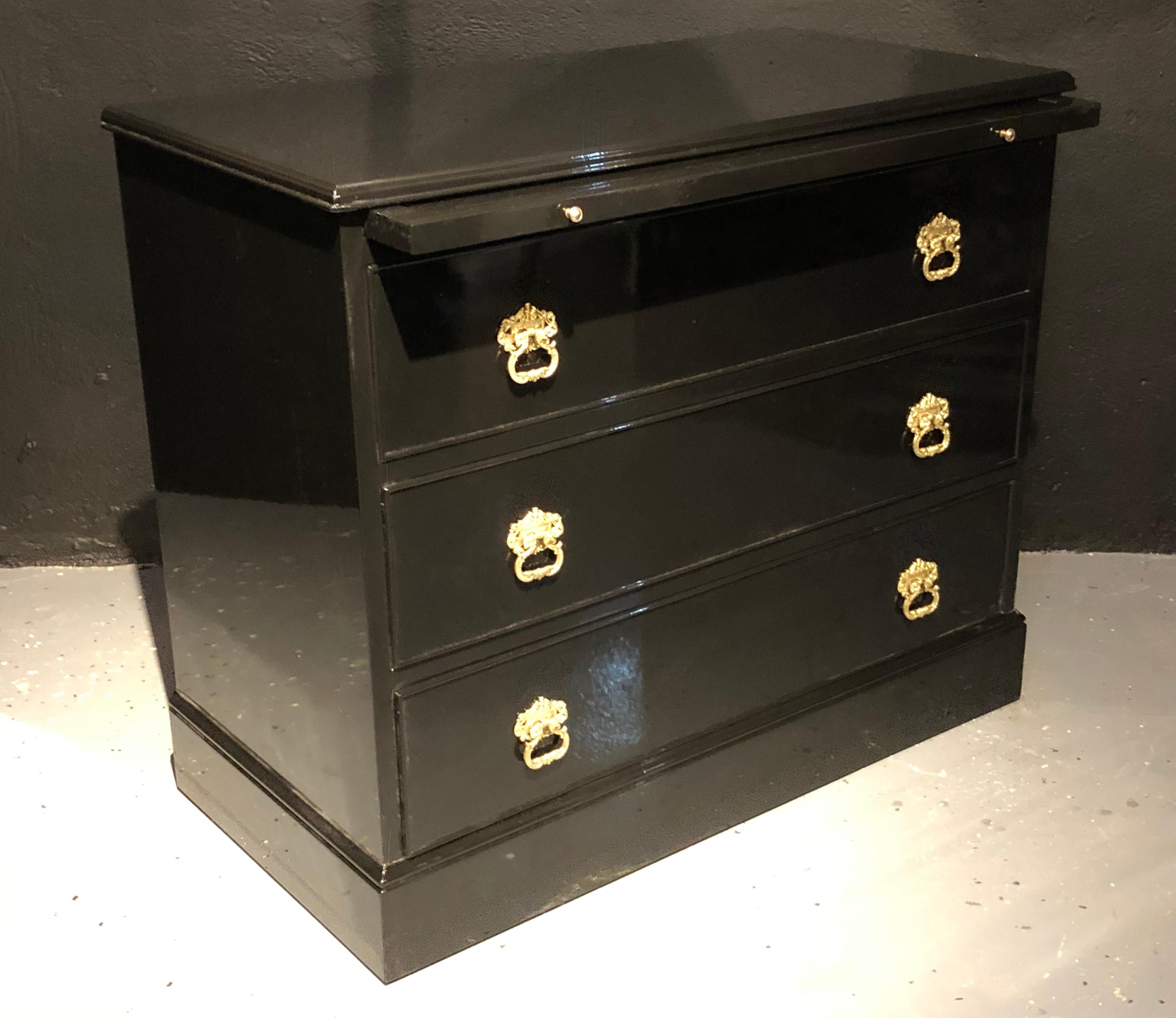 20th Century Pair of Stamped JANSEN Ebony Commodes, Nightstands or Chests, Hollywood Regency