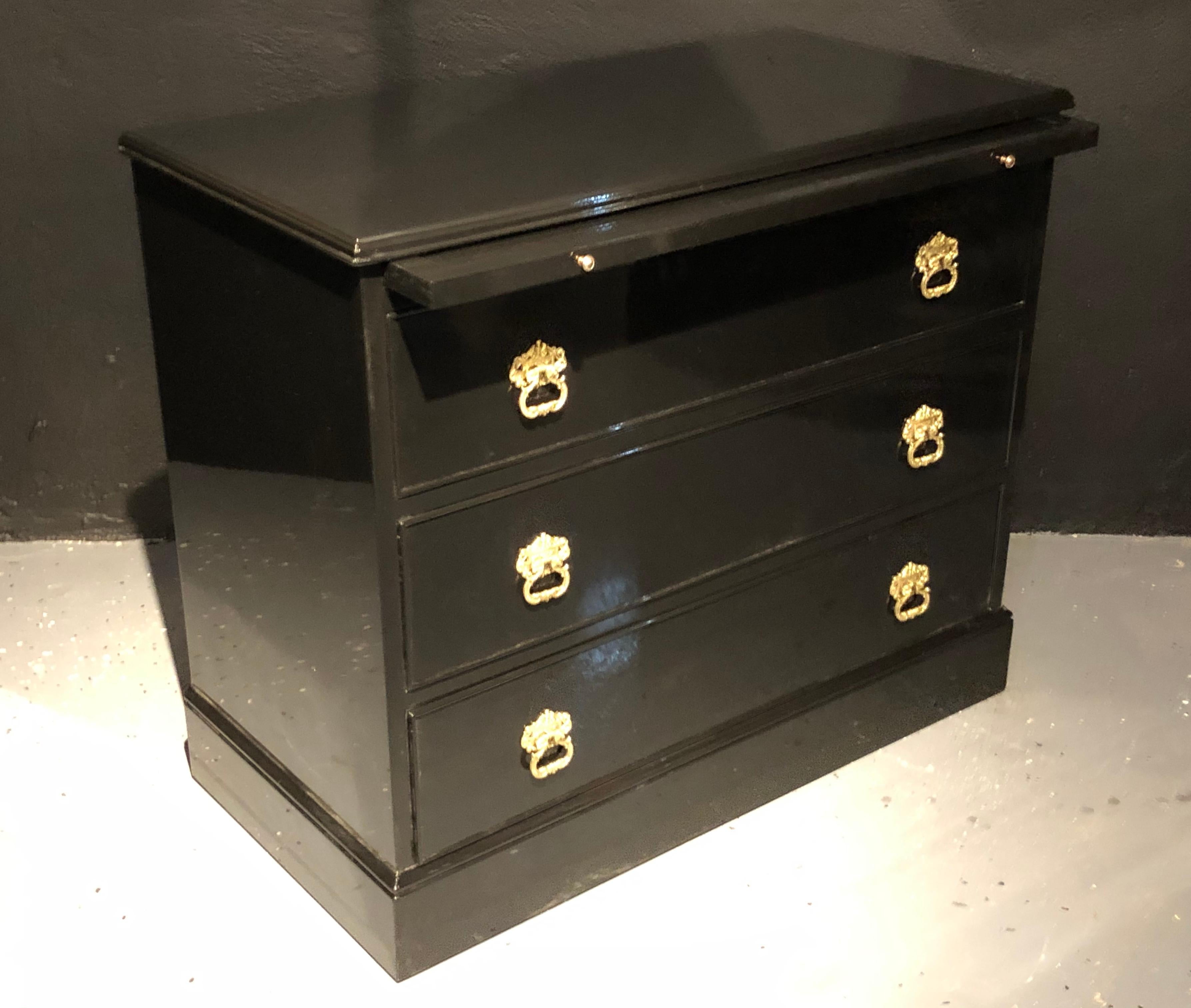 Bronze Pair of Stamped JANSEN Ebony Commodes, Nightstands or Chests, Hollywood Regency
