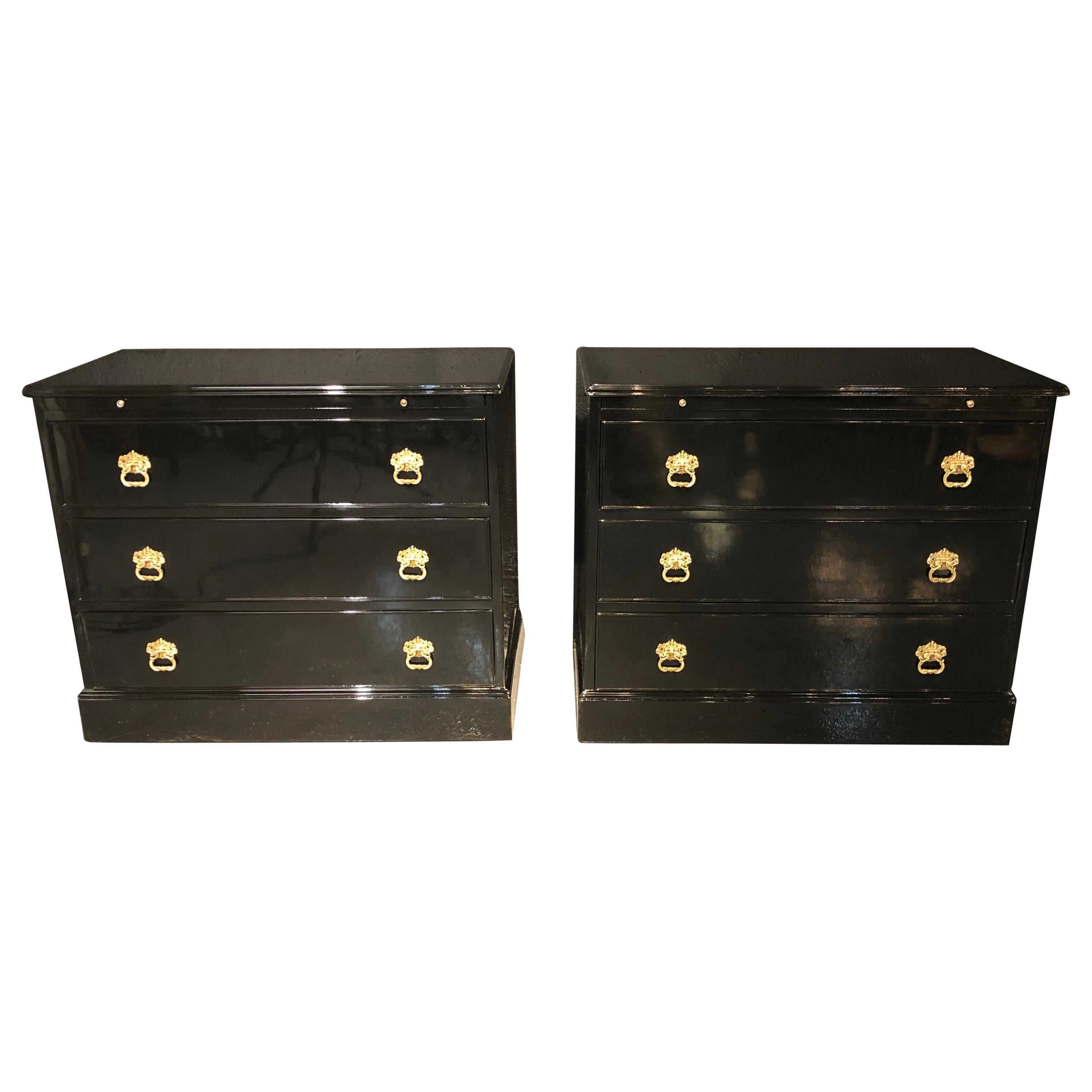 Pair of Stamped JANSEN Ebony Commodes, Nightstands or Chests, Hollywood Regency