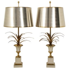 Pair of Stamped Maison Charles Brass and Steel Palmier Table Lamps, French 1960s