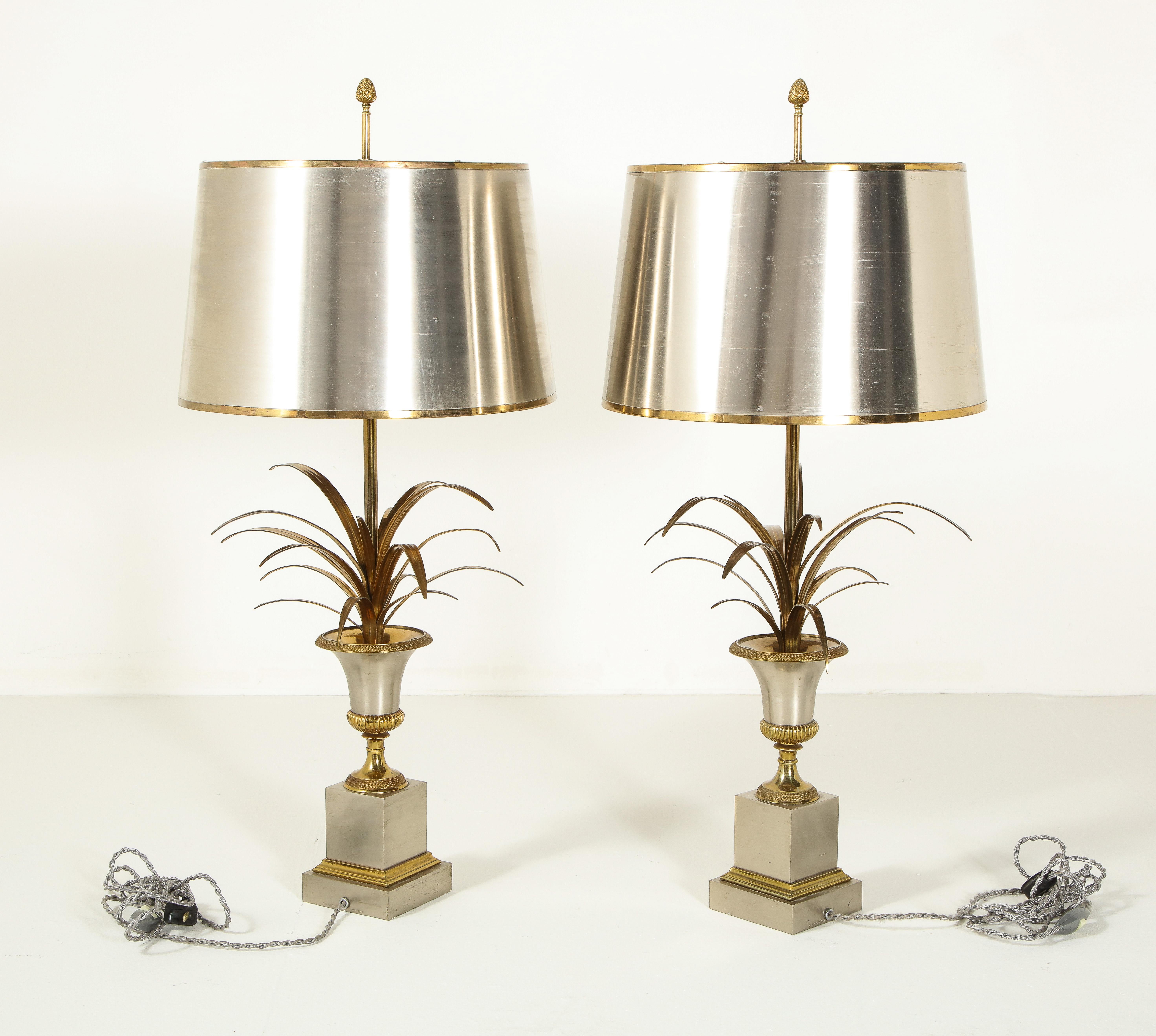 Pair of Stamped Maison Charles Brass and Steel Palmier Table Lamps, French 1960s 7
