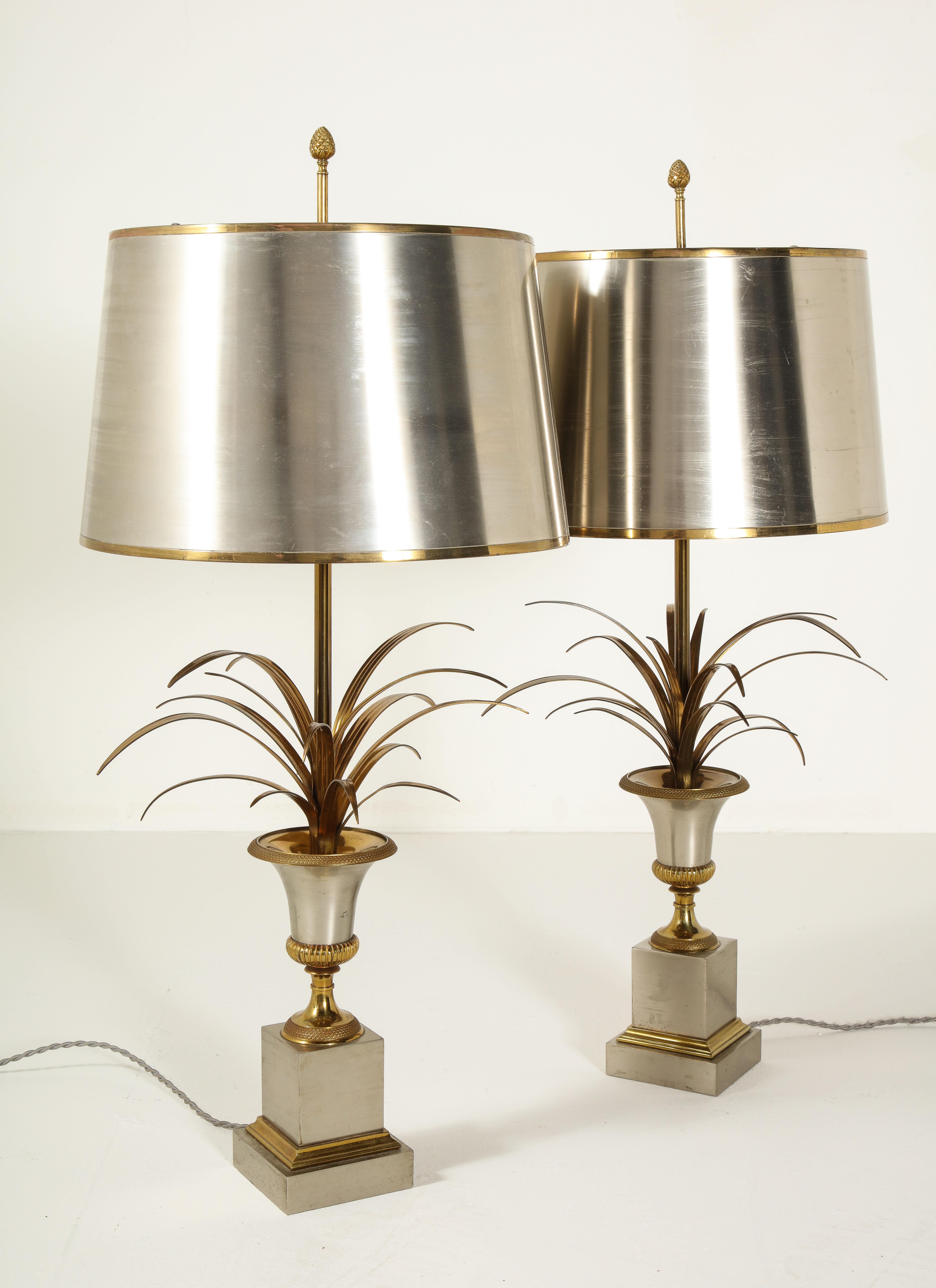 Pair of Stamped Maison Charles Brass and Steel Palmier Table Lamps, French 1960s 8